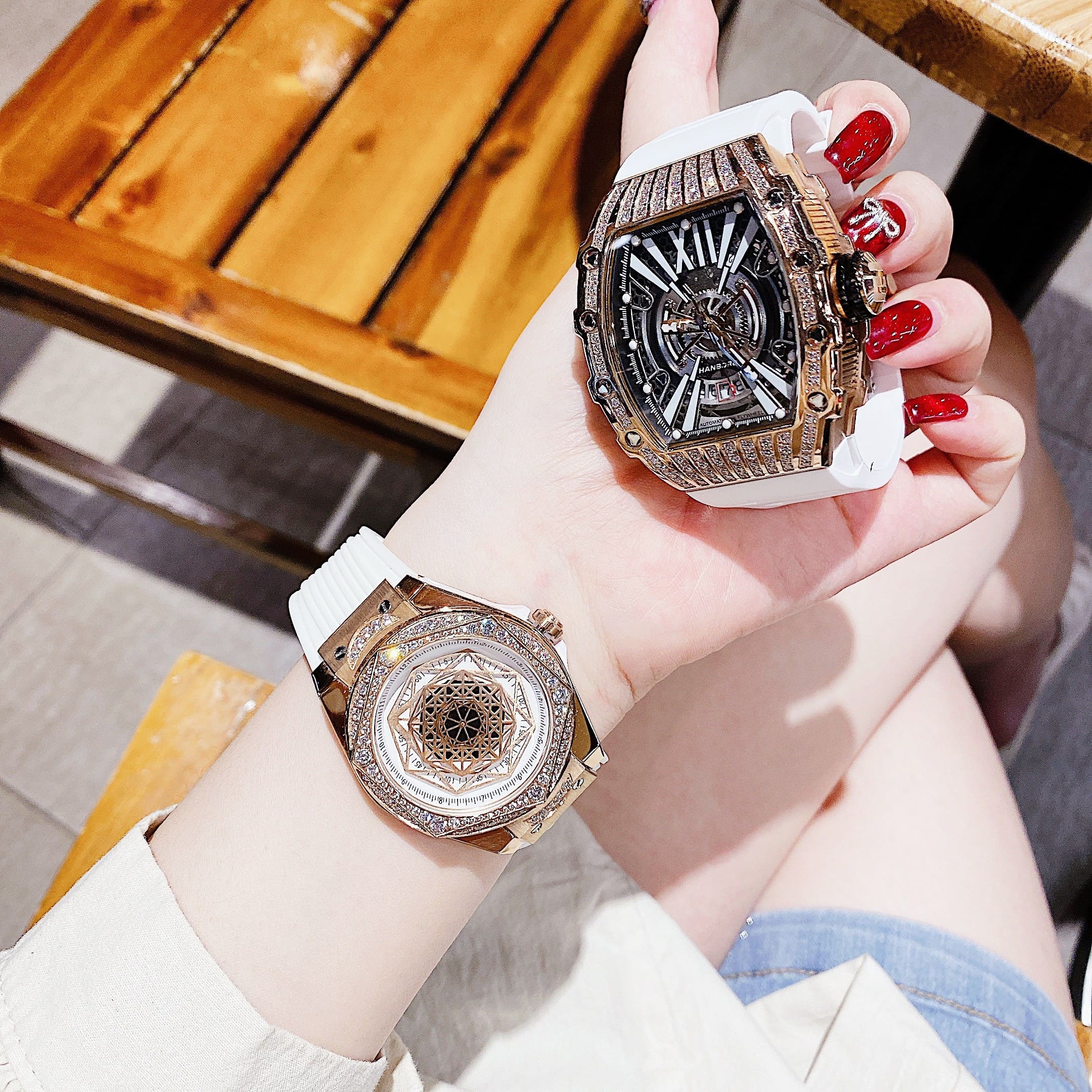 Đồng Hồ Hanboro Lịch Ngày |Cặp Đôi |Đính Đá |Rose Gold |Dây Cao Su Trắng |donghogiatot.vn