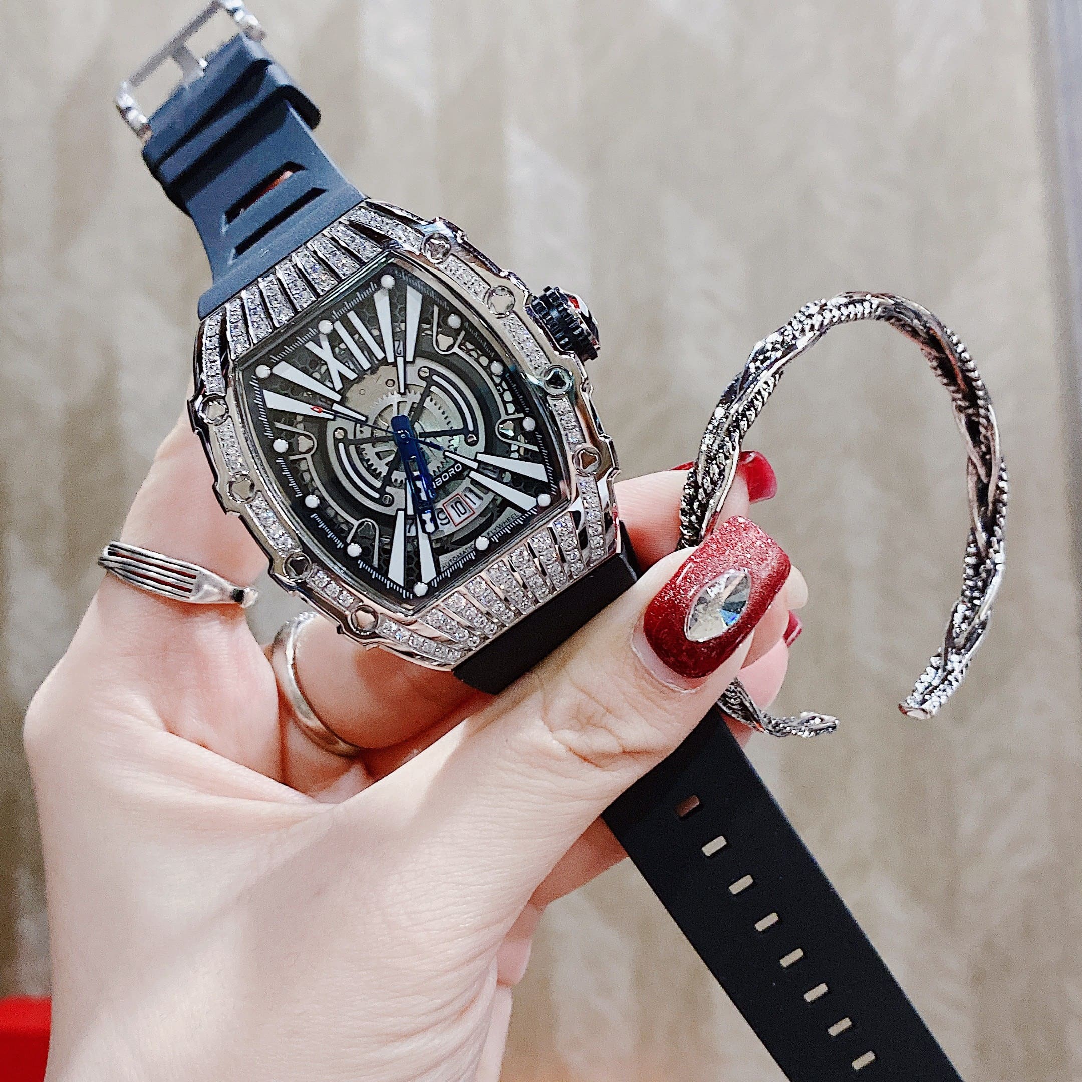 Đồng Hồ Hanboro Lịch Ngày |Cặp Đôi |Đính Đá |Silver |Dây Cao Su Đen |donghogiatot.vn