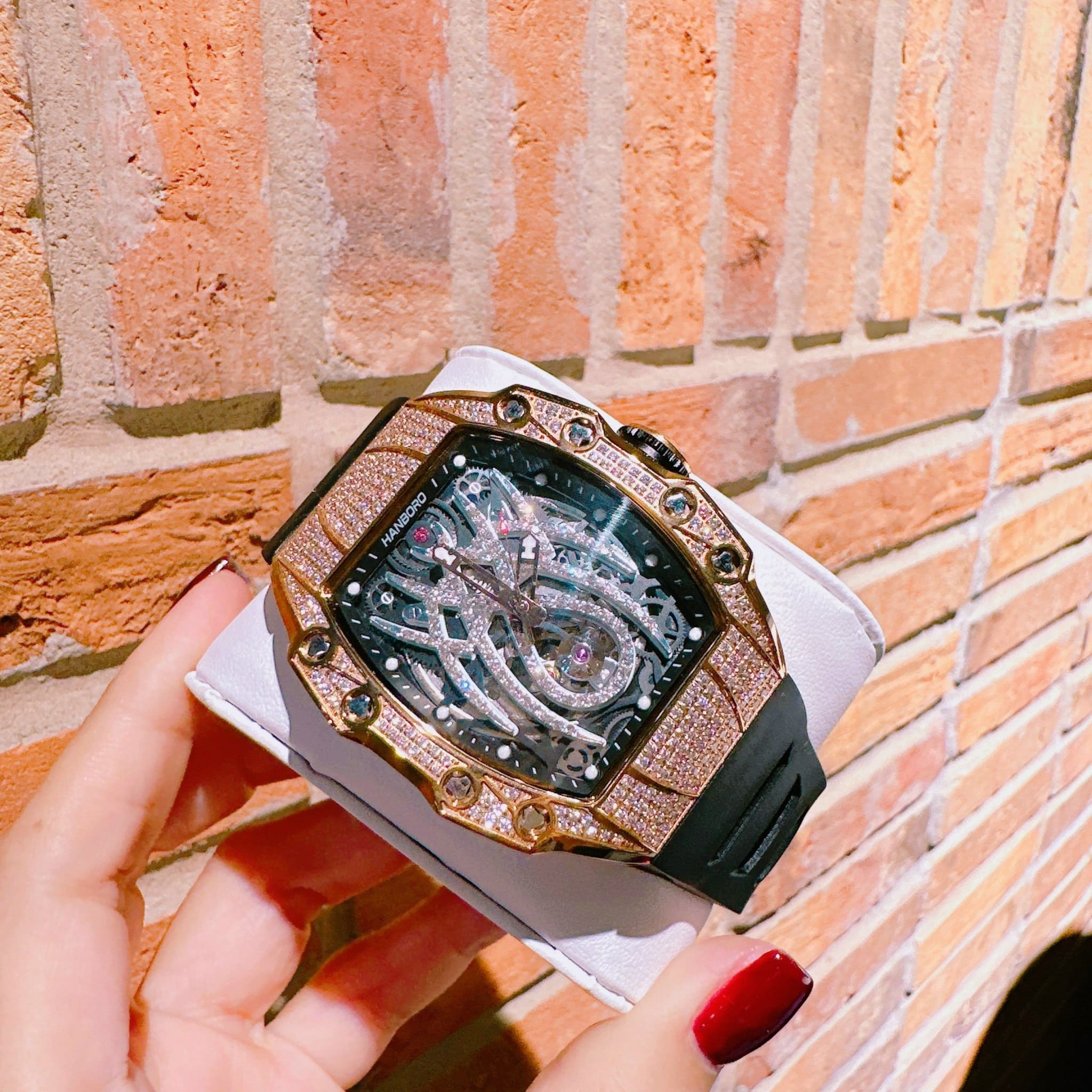 Đồng Hồ Hanboro Mặt Nhện |Cặp Đôi |Đính Đá |Rose Gold |Dây Cao Su Đen |donghogiatot.vn