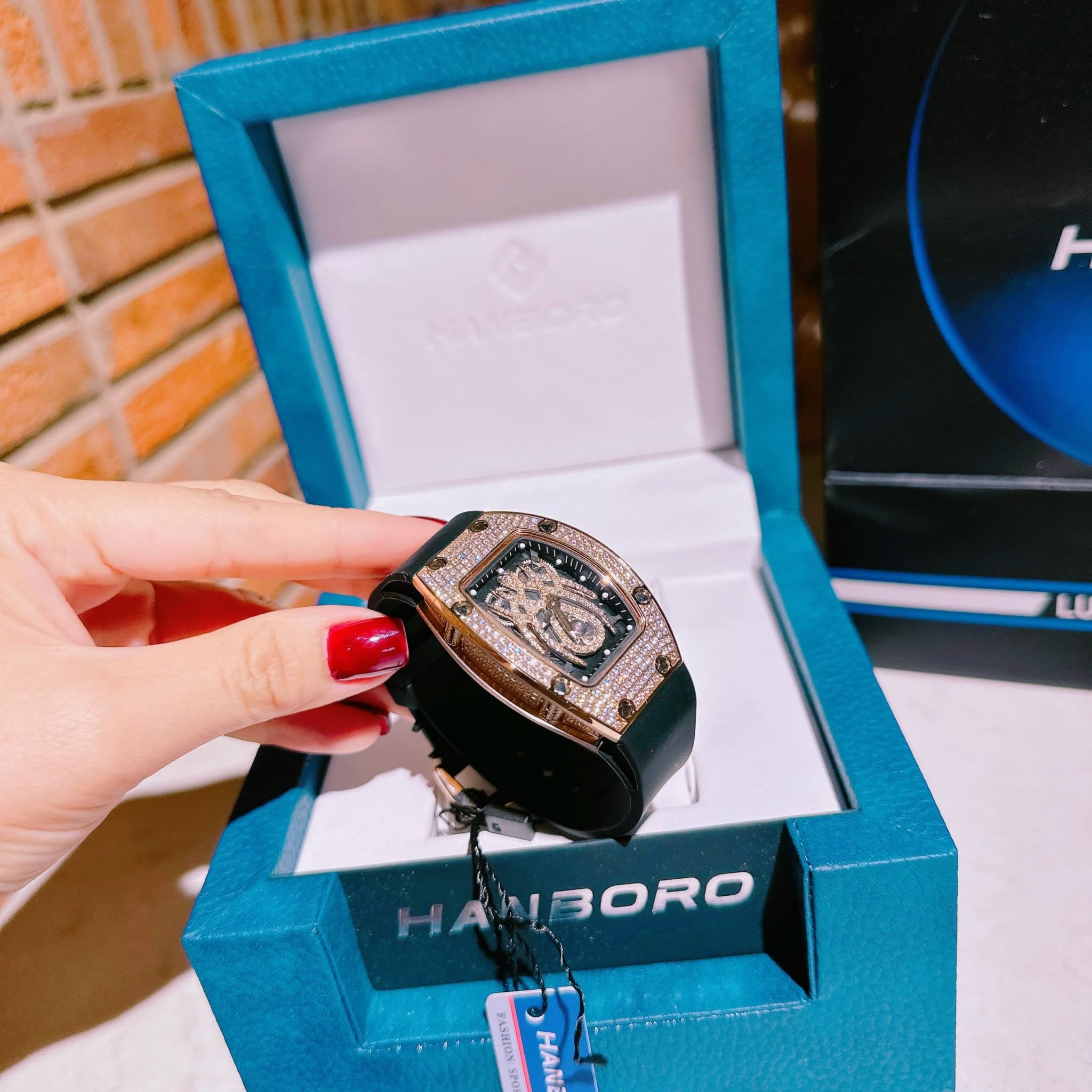 Đồng Hồ Hanboro Mặt Nhện |Cặp Đôi |Đính Đá |Rose Gold |Dây Cao Su Đen |donghogiatot.vn