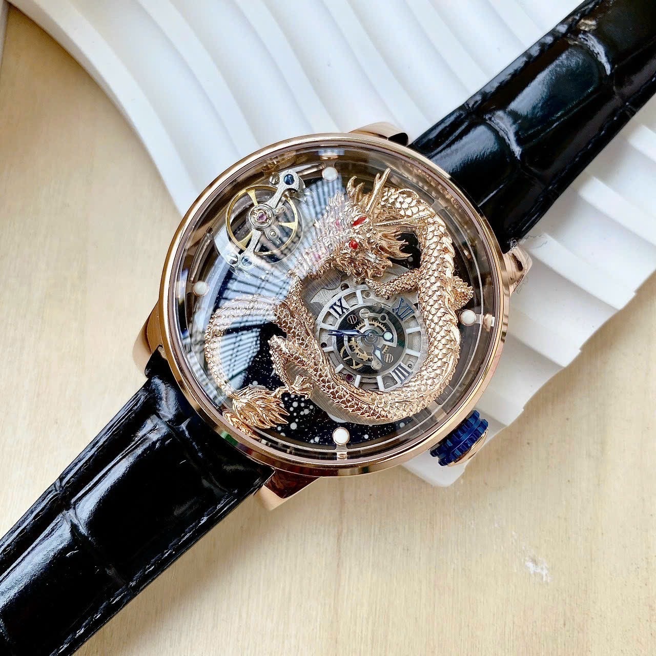 Đồng Hồ Hanboro Rồng Vàng |Nam Giới |Rose Gold |Dây Da Đen |Máy Cơ (Automatic) |Size 45mm |donghogiatot.vn