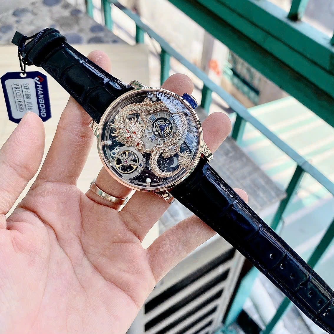 Đồng Hồ Hanboro Rồng Vàng |Nam Giới |Rose Gold |Dây Da Đen |Máy Cơ (Automatic) |Size 45mm |donghogiatot.vn
