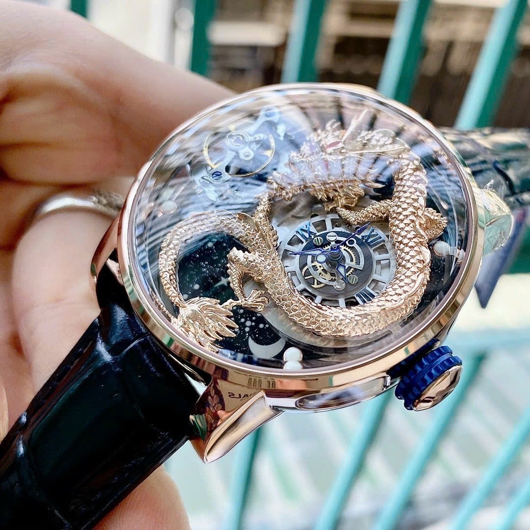 Đồng Hồ Hanboro Rồng Vàng |Nam Giới |Rose Gold |Dây Da Đen |Máy Cơ (Automatic) |Size 45mm |donghogiatot.vn