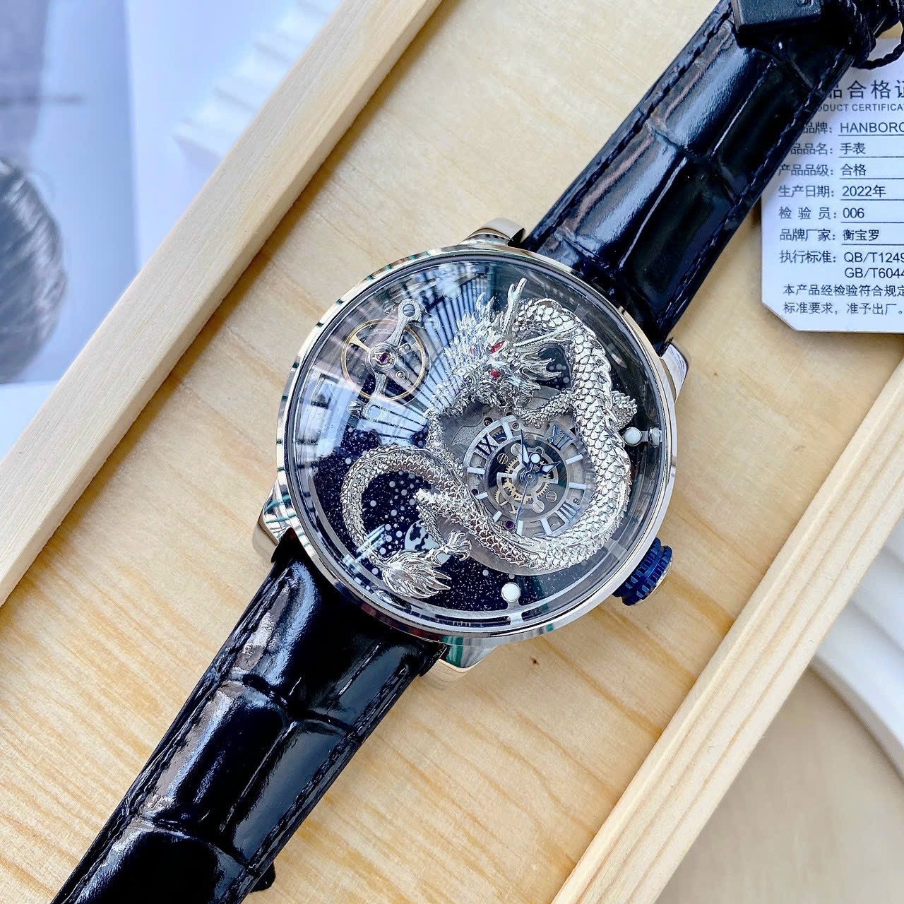 Đồng Hồ Hanboro Rồng Vàng |Nam Giới |Trắng Silver |Dây Da Đen |Máy Cơ (Automatic) |Size 45mm |donghogiatot.vn