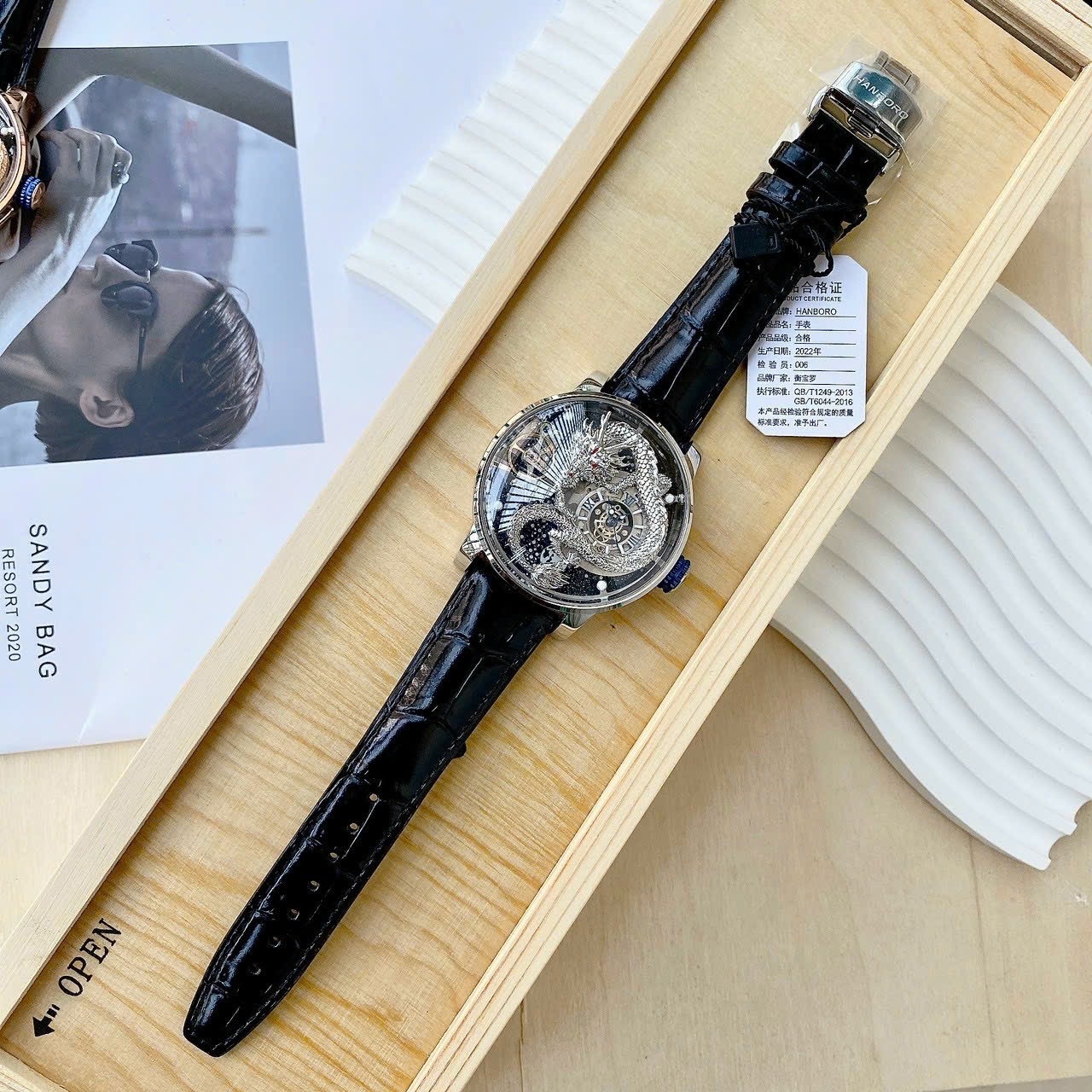 Đồng Hồ Hanboro Rồng Vàng |Nam Giới |Trắng Silver |Dây Da Đen |Máy Cơ (Automatic) |Size 45mm |donghogiatot.vn