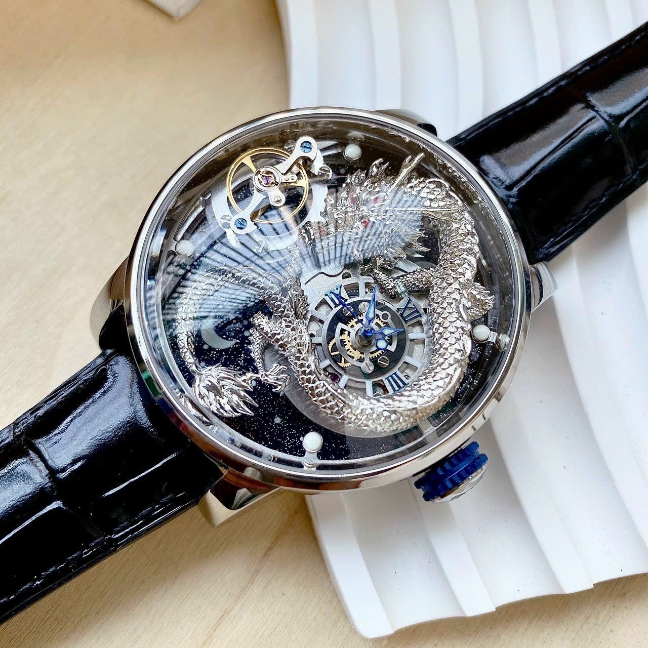 Đồng Hồ Hanboro Rồng Vàng |Nam Giới |Trắng Silver |Dây Da Đen |Máy Cơ (Automatic) |Size 45mm |donghogiatot.vn