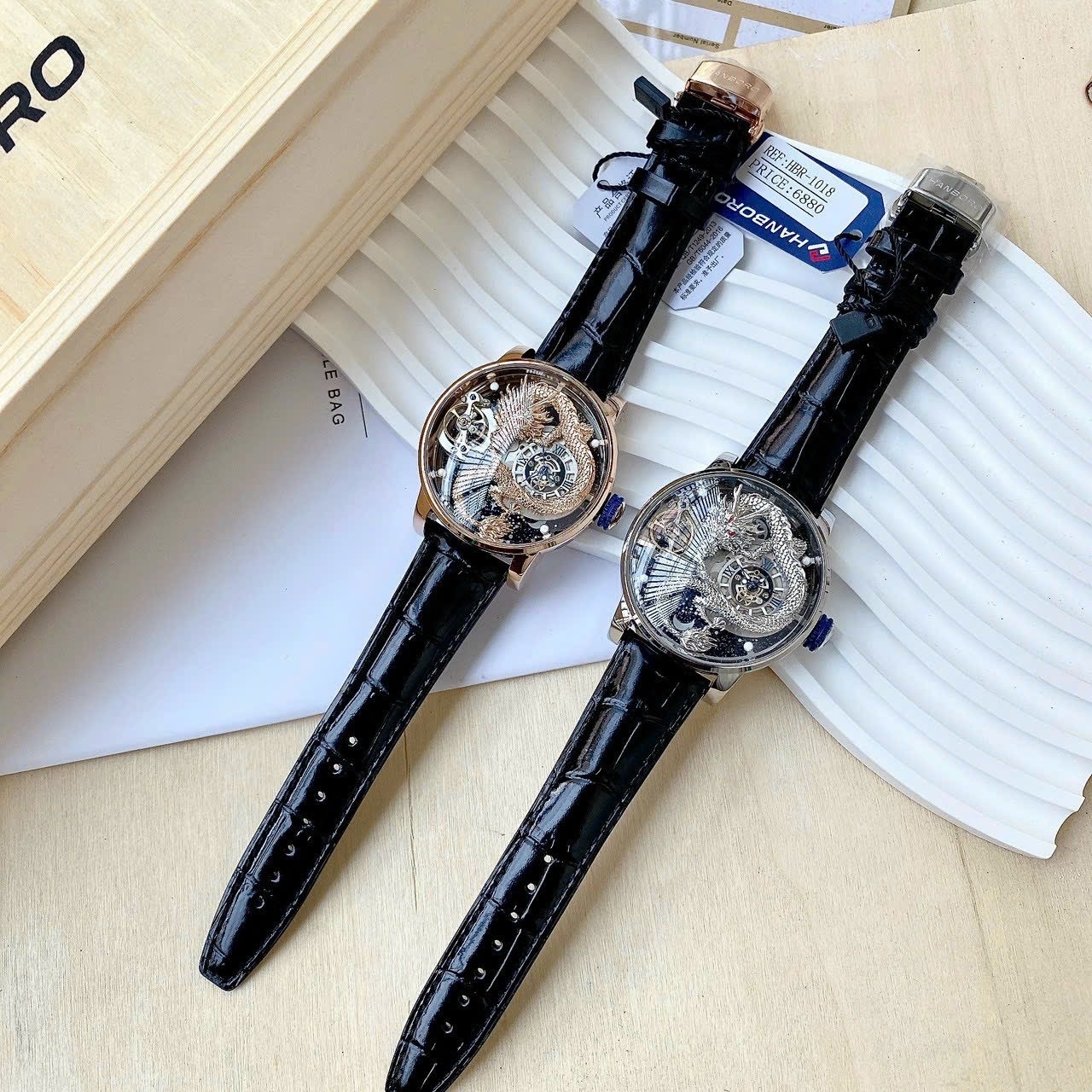 Đồng Hồ Hanboro Rồng Vàng |Nam Giới |Trắng Silver |Dây Da Đen |Máy Cơ (Automatic) |Size 45mm |donghogiatot.vn