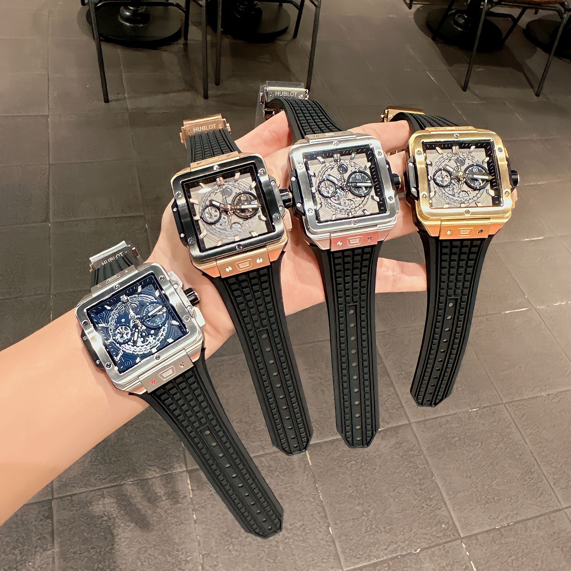 Đồng Hồ Hublot Square Bang Unico |Nam Giới |Mặt Vuông |Silver |Dây Silicone |Máy Pin (Máy Quartz) |Size 42x42mm |donghogiatot.vn