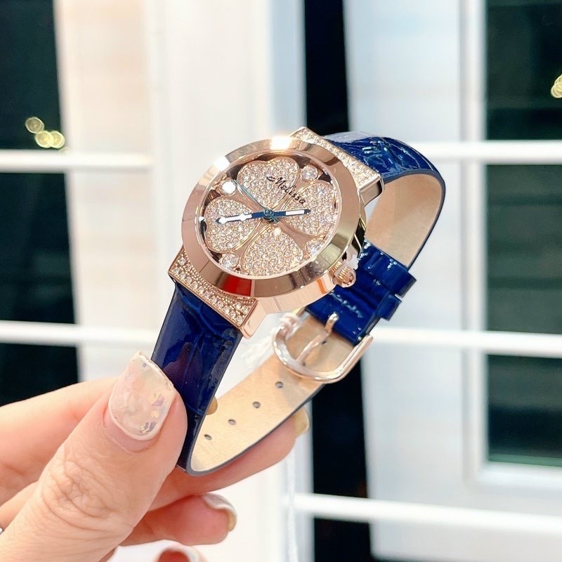 Đồng Hồ Melissa Cỏ 4 Lá |Nữ Giới |Đính Đá |Rose Gold |Dây Da Xanh |Máy Pin (Quartz) |Size 32mm |donghogiatot.vn