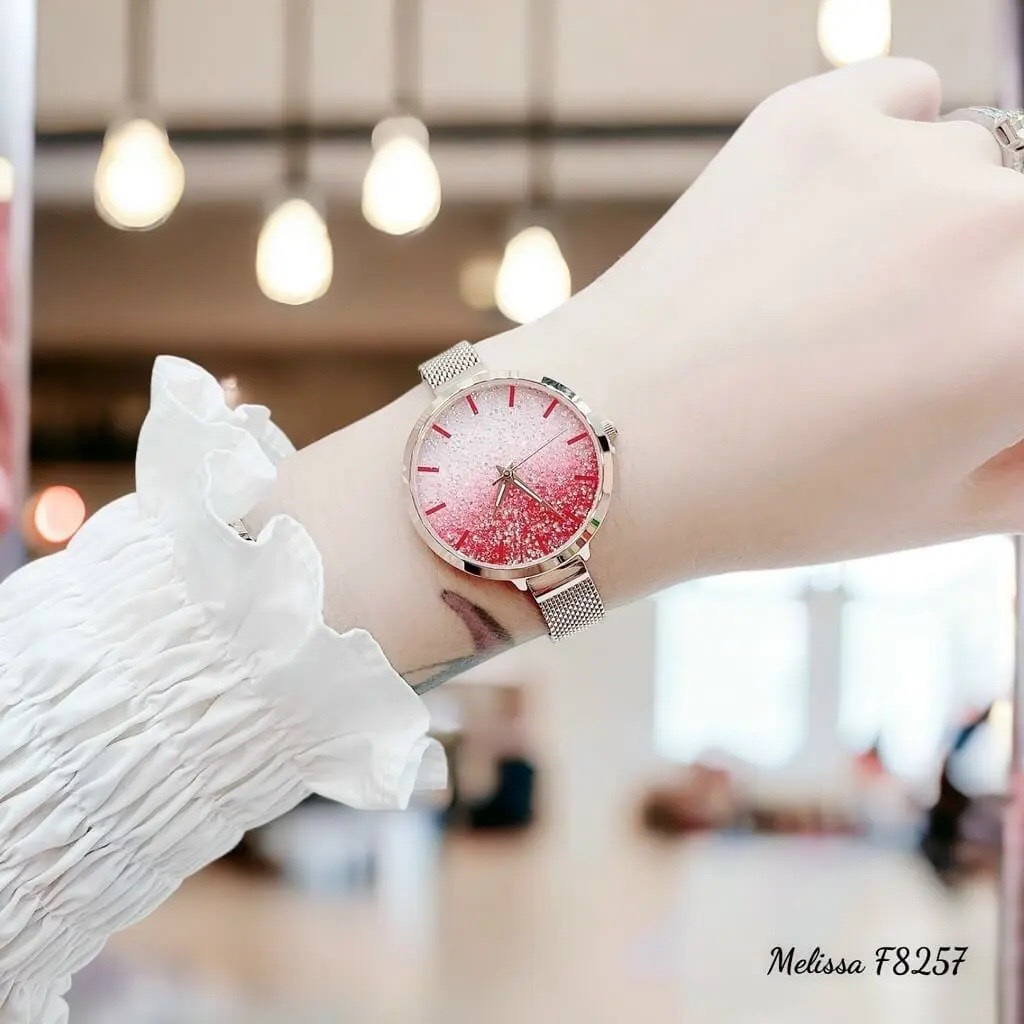Đồng Hồ Melissa Đính Đá Nhũ Hồng |Nữ Giới |Dây Mesh Lưới Rose Gold |Máy Pin (Quartz) |Size 34mm |donghogiatot.vn