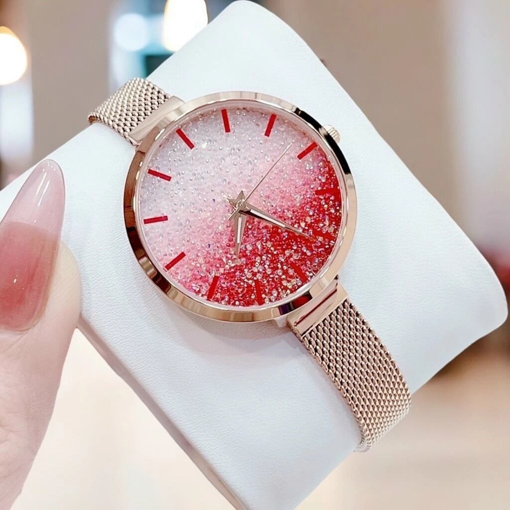Đồng Hồ Melissa Đính Đá Nhũ Hồng |Nữ Giới |Dây Mesh Lưới Rose Gold |Máy Pin (Quartz) |Size 34mm |donghogiatot.vn
