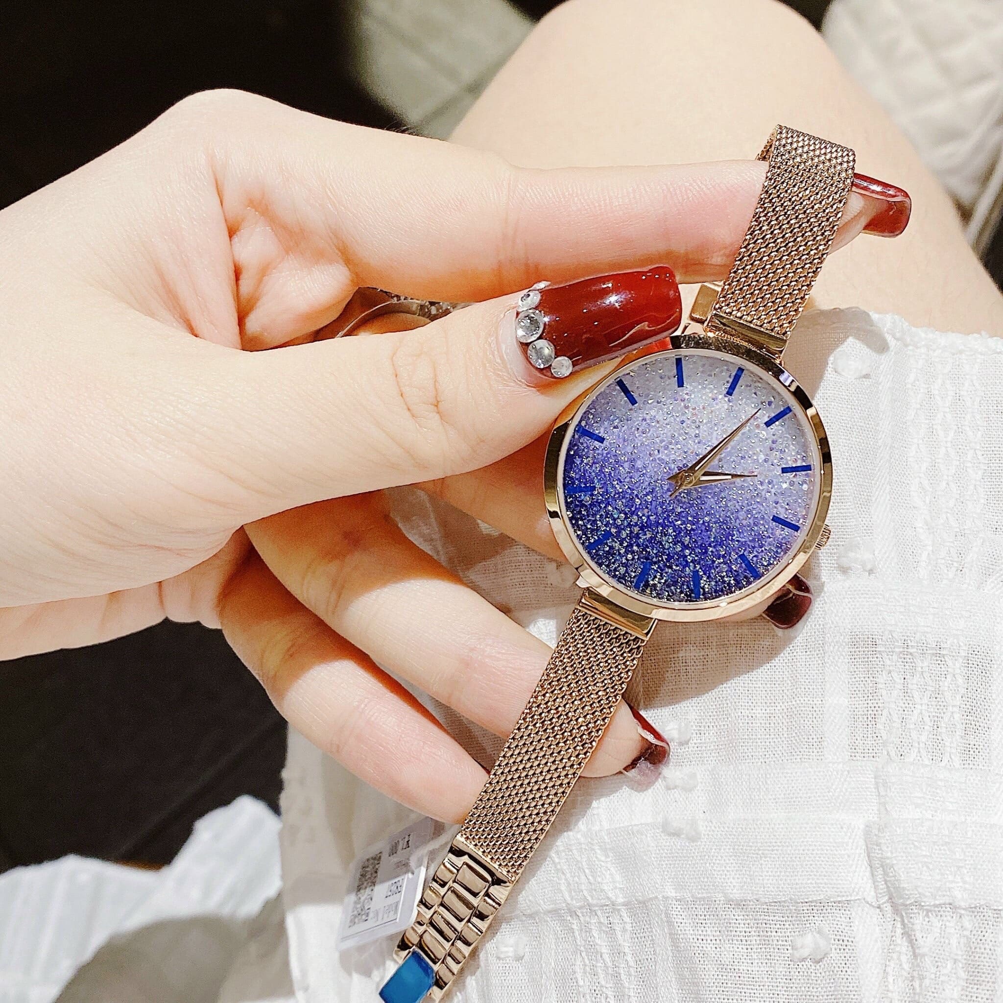 Đồng Hồ Melissa Đính Đá Nhũ Xanh |Nữ Giới |Dây Mesh Lưới Rose Gold |Máy Pin (Quartz) |Size 34mm |donghogiatot.vn