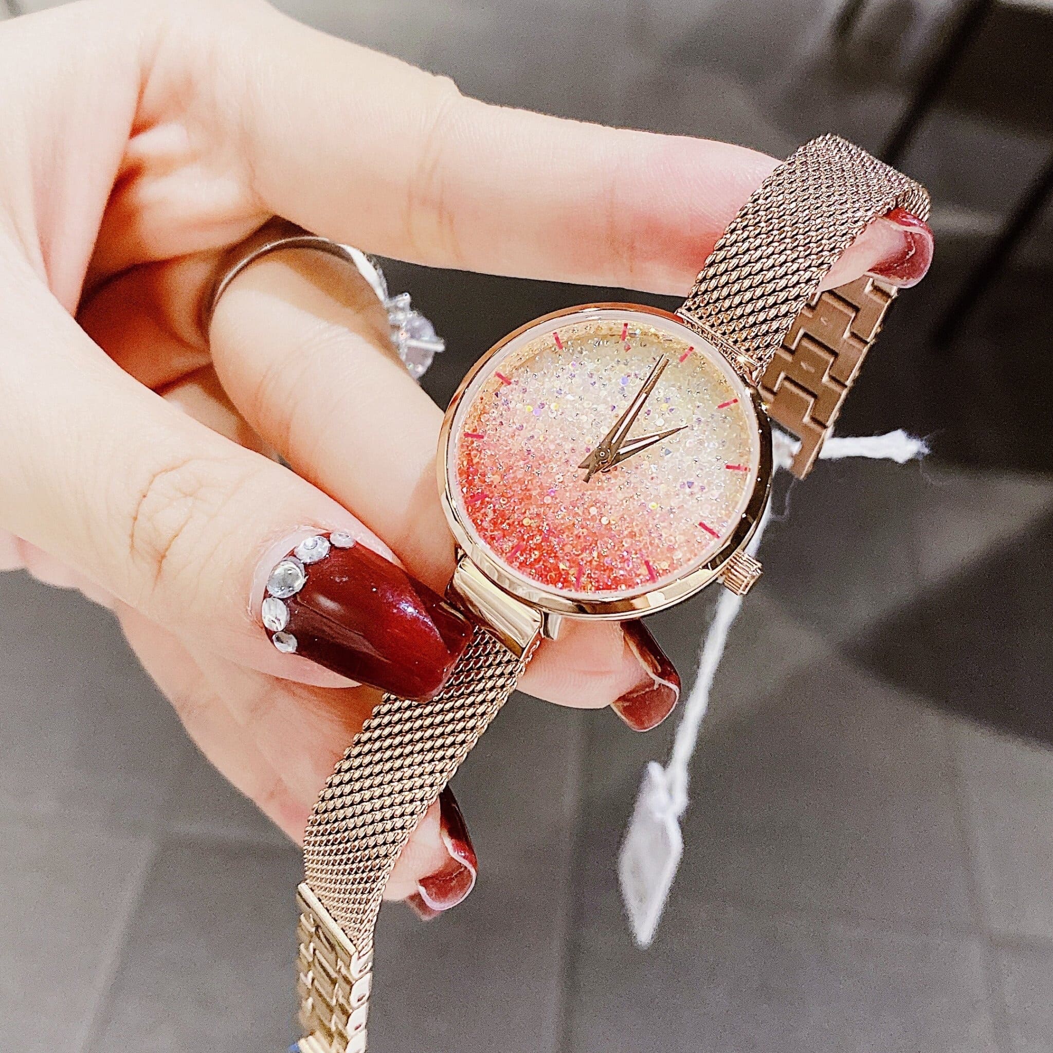 Đồng Hồ Melissa Full Đá Hồng |Nữ Giới |Dây Mesh Lưới Rose Gold |Máy Pin (Quartz) |Size 30mm |donghogiatot.vn