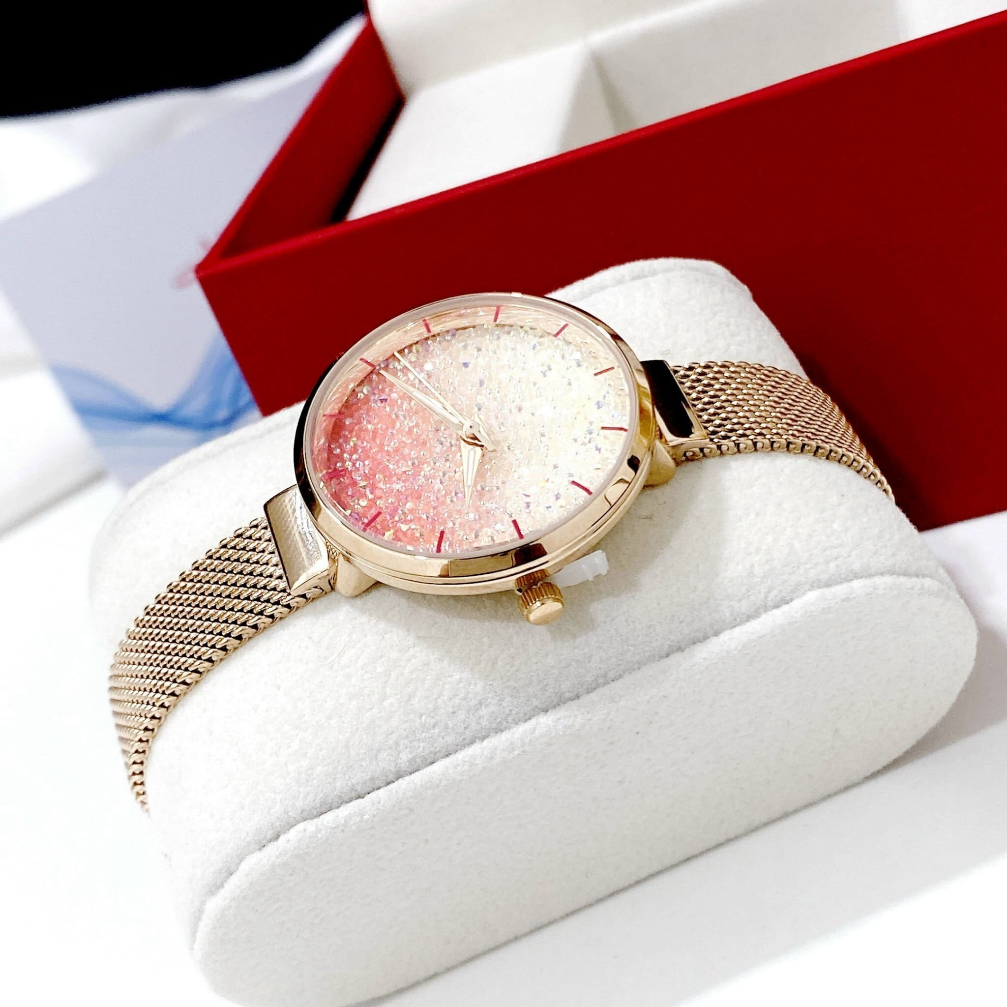 Đồng Hồ Melissa Full Đá Hồng |Nữ Giới |Dây Mesh Lưới Rose Gold |Máy Pin (Quartz) |Size 30mm |donghogiatot.vn