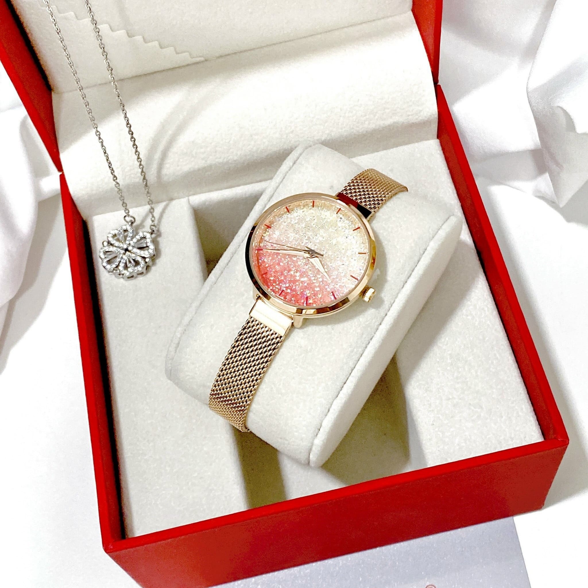 Đồng Hồ Melissa Full Đá Hồng |Nữ Giới |Dây Mesh Lưới Rose Gold |Máy Pin (Quartz) |Size 30mm |donghogiatot.vn