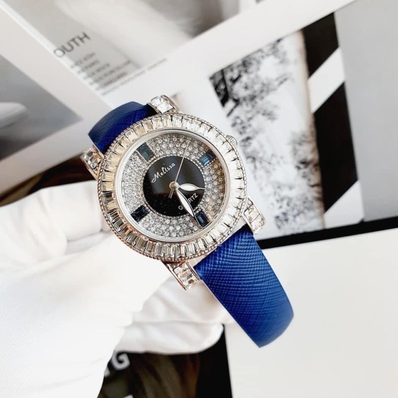 Đồng Hồ Melissa Full Đá |Nữ Giới |Mặt Tròn |Silver |Dây Da Xanh Dương |Máy Pin (Quartz) |Size 33mm |donghogiatot.vn