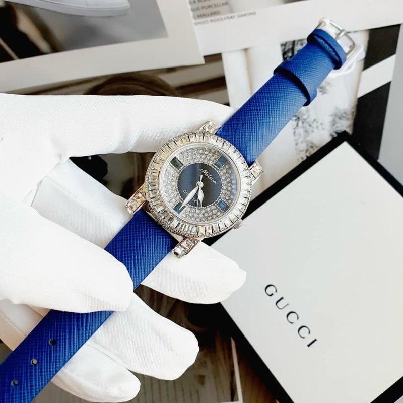 Đồng Hồ Melissa Full Đá |Nữ Giới |Mặt Tròn |Silver |Dây Da Xanh Dương |Máy Pin (Quartz) |Size 33mm |donghogiatot.vn