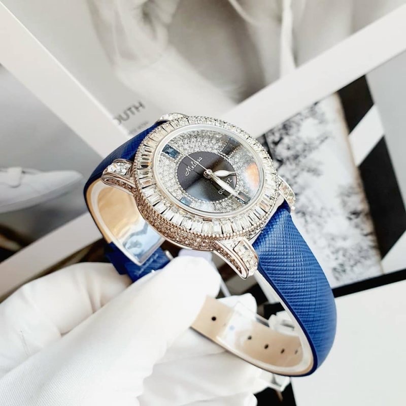 Đồng Hồ Melissa Full Đá |Nữ Giới |Mặt Tròn |Silver |Dây Da Xanh Dương |Máy Pin (Quartz) |Size 33mm |donghogiatot.vn