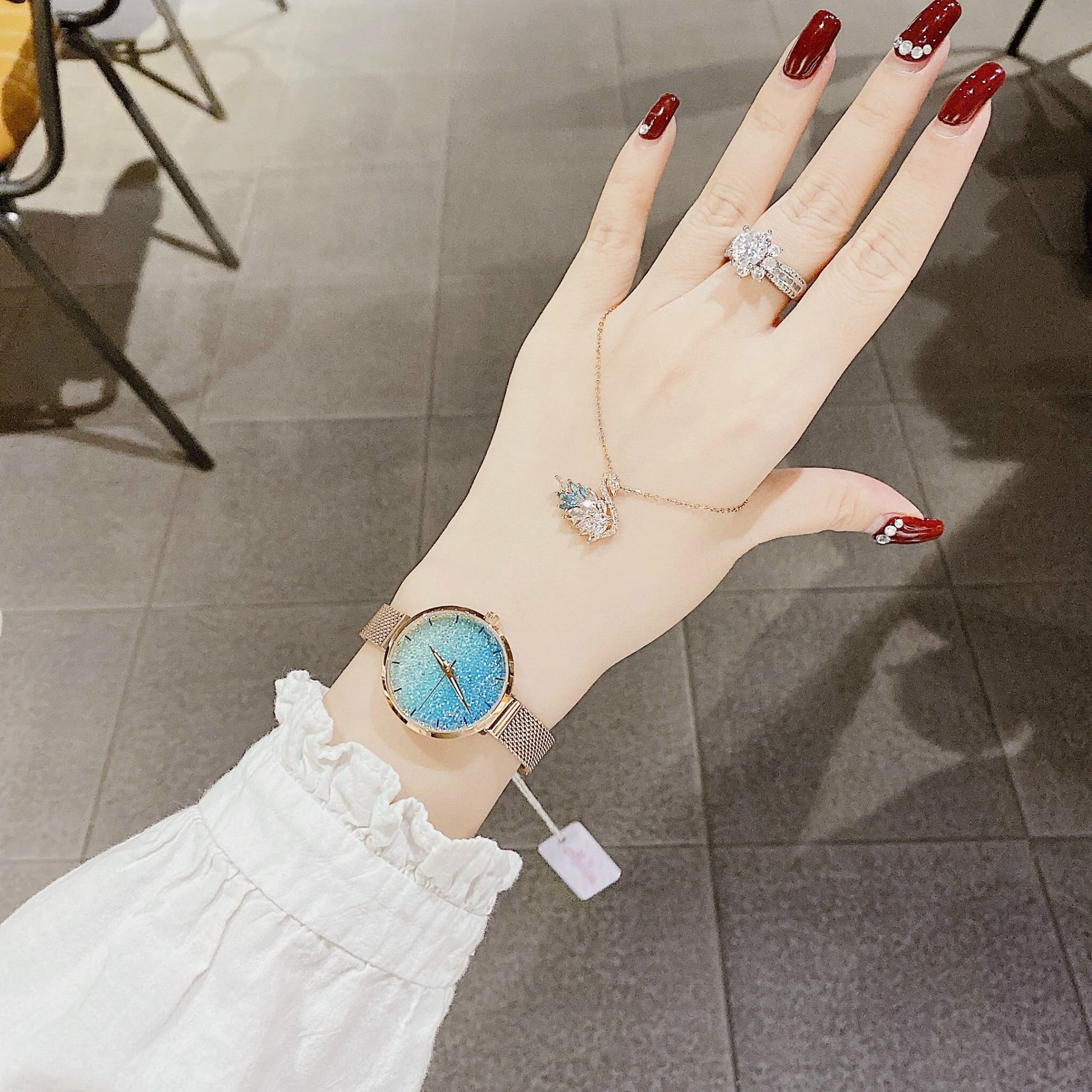 Đồng Hồ Melissa Full Đá Xanh Ngọc |Nữ Giới |Dây Mesh Lưới Rose Gold |Máy Pin (Quartz) |Size 30mm |donghogiatot.vn