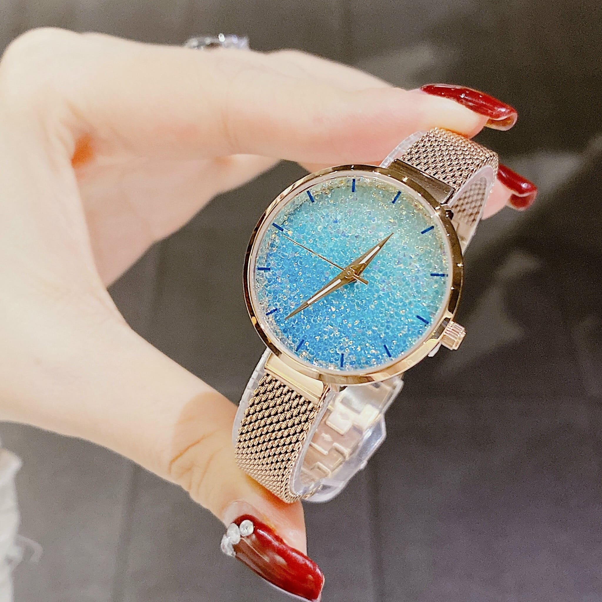 Đồng Hồ Melissa Full Đá Xanh Ngọc |Nữ Giới |Dây Mesh Lưới Rose Gold |Máy Pin (Quartz) |Size 30mm |donghogiatot.vn