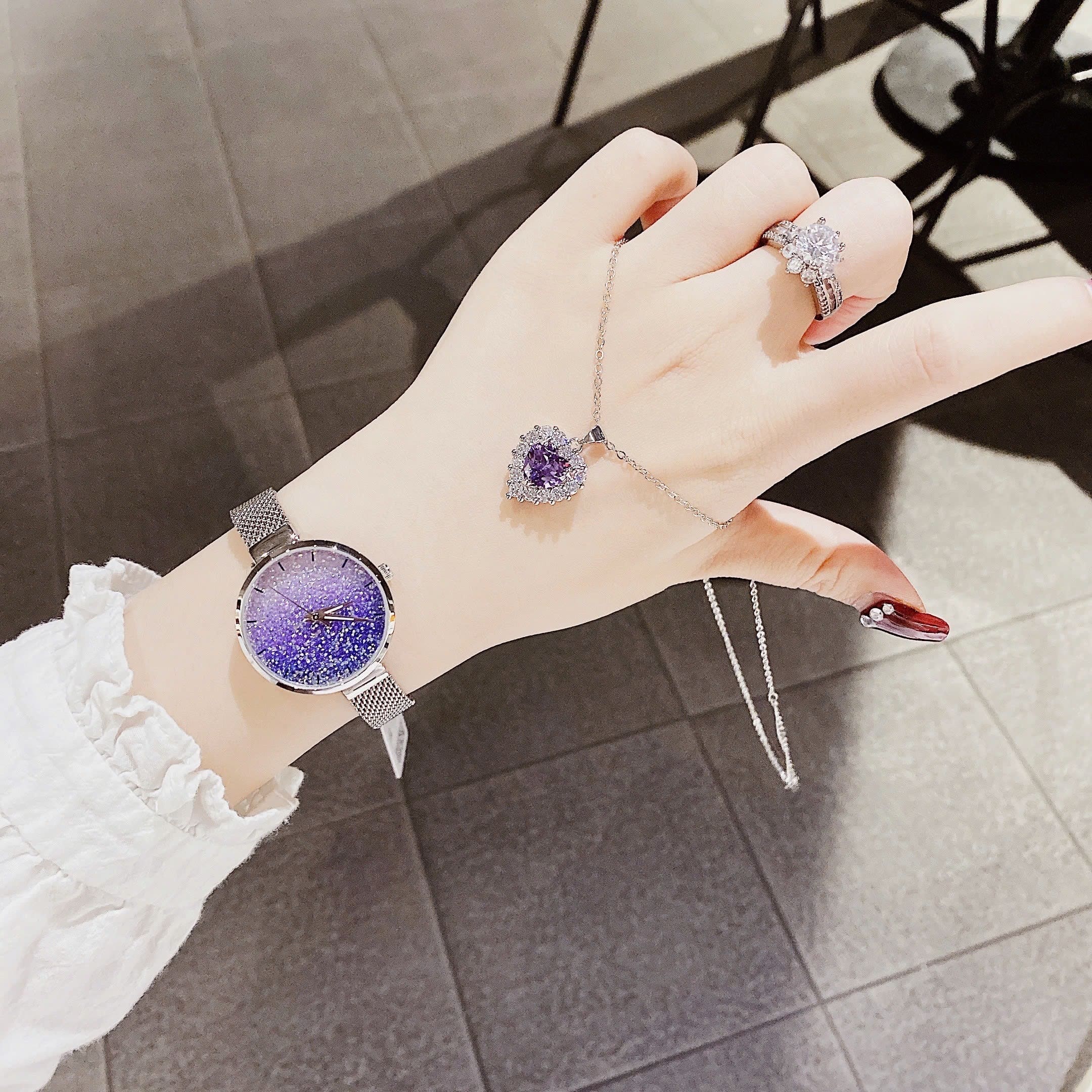 Đồng Hồ Melissa Full Đá Xanh |Nữ Giới |Dây Mesh Lưới Trắng Silver |Máy Pin (Quartz) |Size 30mm |donghogiatot.vn