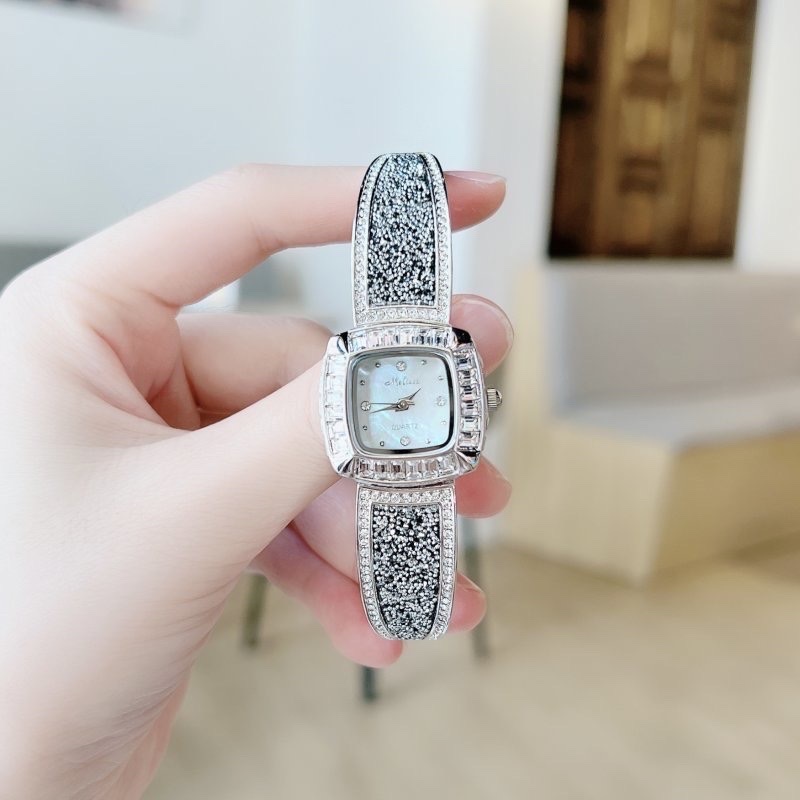 Đồng Hồ Melissa Mặt Vuông |Nữ Giới |Đính Đá |Vòng Tay Đen Silver |Máy Pin (Quartz) |Size 24mm |donghogiatot.vn