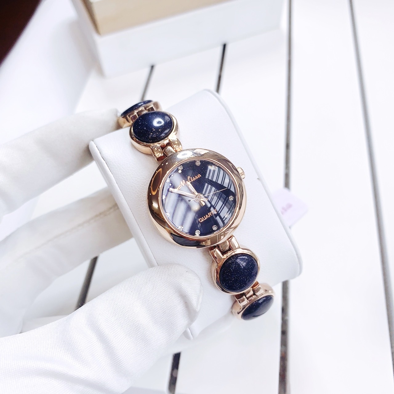 Đồng Hồ Melissa Mặt Đính Đá |Nữ Giới |Rose Gold |Lắc Tay Xanh Dương |Máy Pin (Quartz) |Size 28mm |donghogiatot.vn
