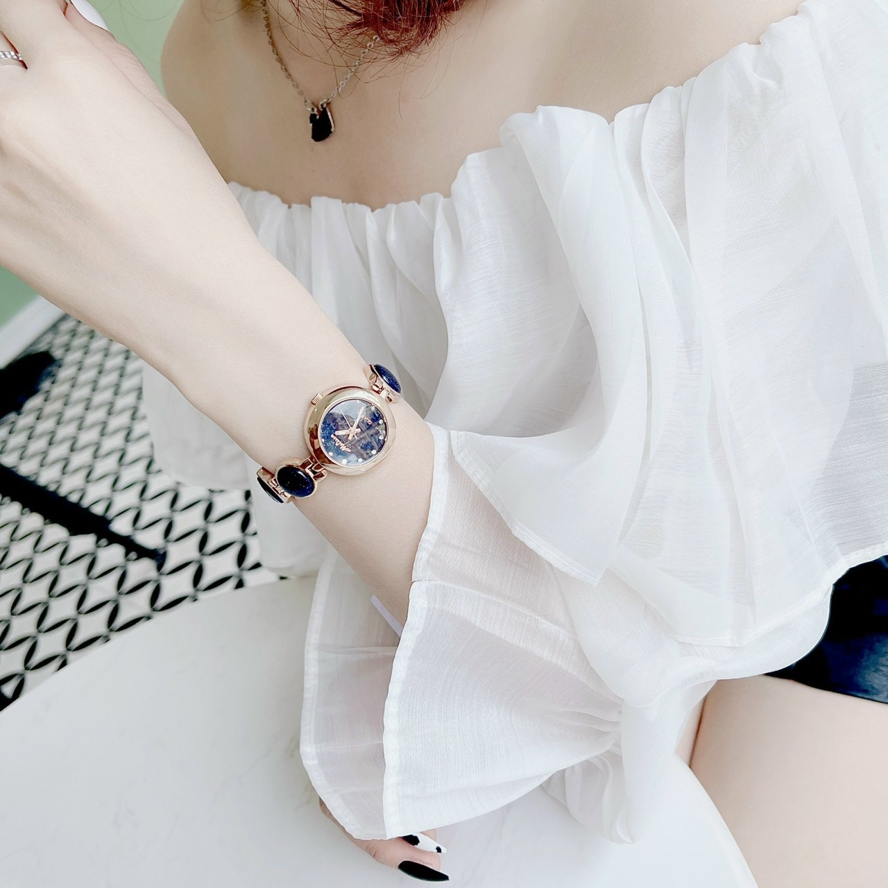 Đồng Hồ Melissa Mặt Đính Đá |Nữ Giới |Rose Gold |Lắc Tay Xanh Dương |Máy Pin (Quartz) |Size 28mm |donghogiatot.vn