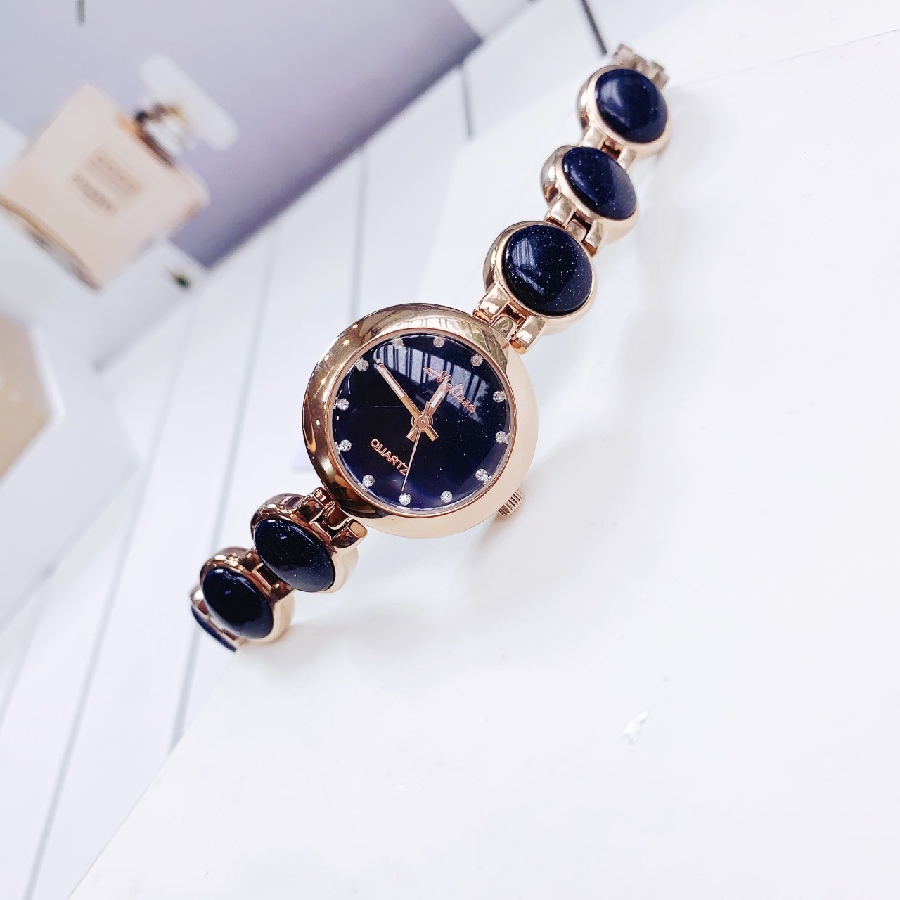 Đồng Hồ Melissa Mặt Đính Đá |Nữ Giới |Rose Gold |Lắc Tay Xanh Dương |Máy Pin (Quartz) |Size 28mm |donghogiatot.vn