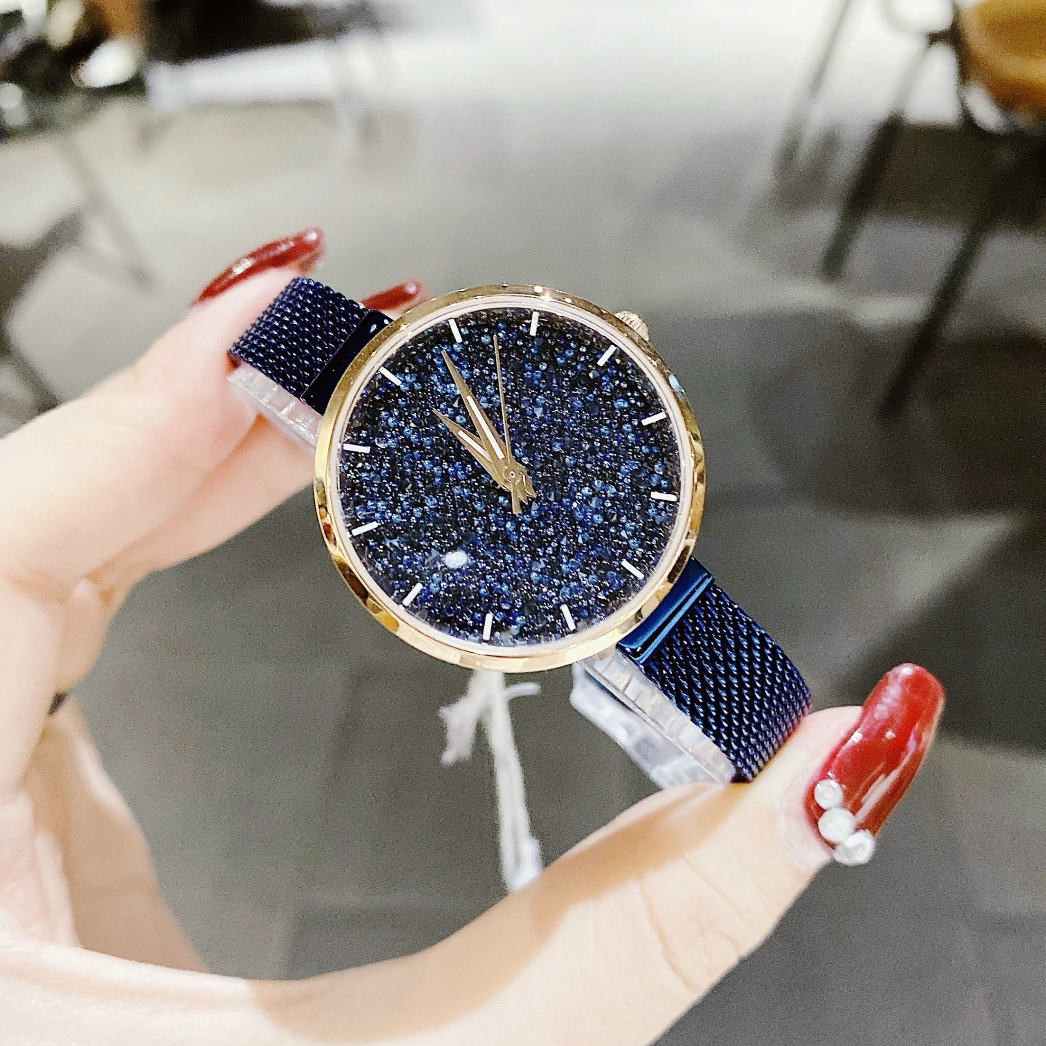 Đồng Hồ Melissa Full Đá |Nữ Giới |Rose Gold |Dây Lưới Xanh Dương |Máy Pin (Quartz) |Size 30mm |donghogiatot.vn