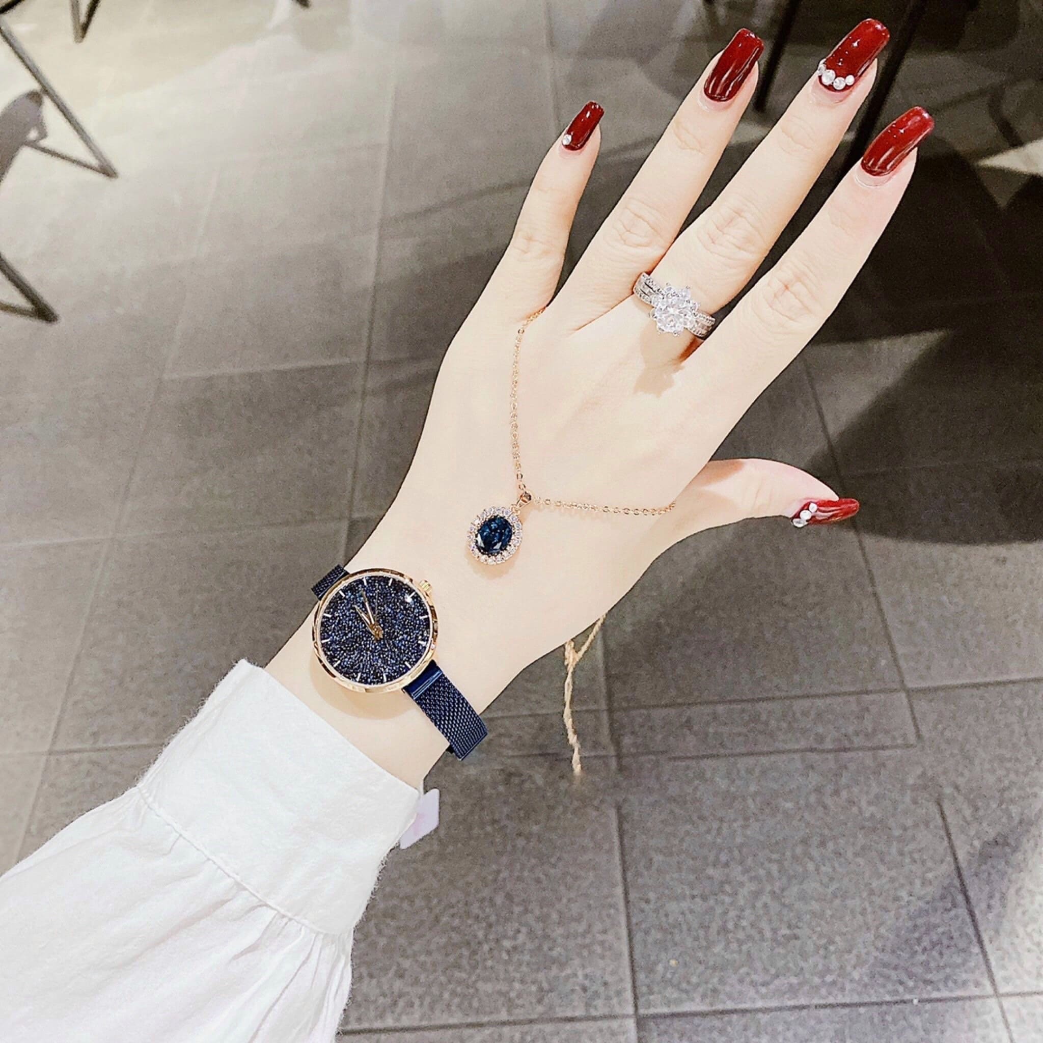 Đồng Hồ Melissa Full Đá |Nữ Giới |Rose Gold |Dây Lưới Xanh Dương |Máy Pin (Quartz) |Size 30mm |donghogiatot.vn