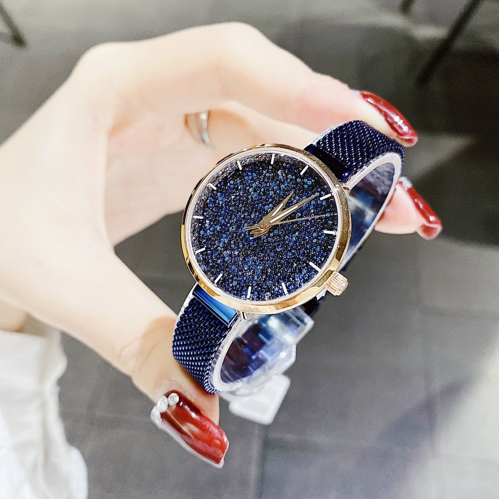 Đồng Hồ Melissa Full Đá |Nữ Giới |Rose Gold |Dây Lưới Xanh Dương |Máy Pin (Quartz) |Size 30mm |donghogiatot.vn