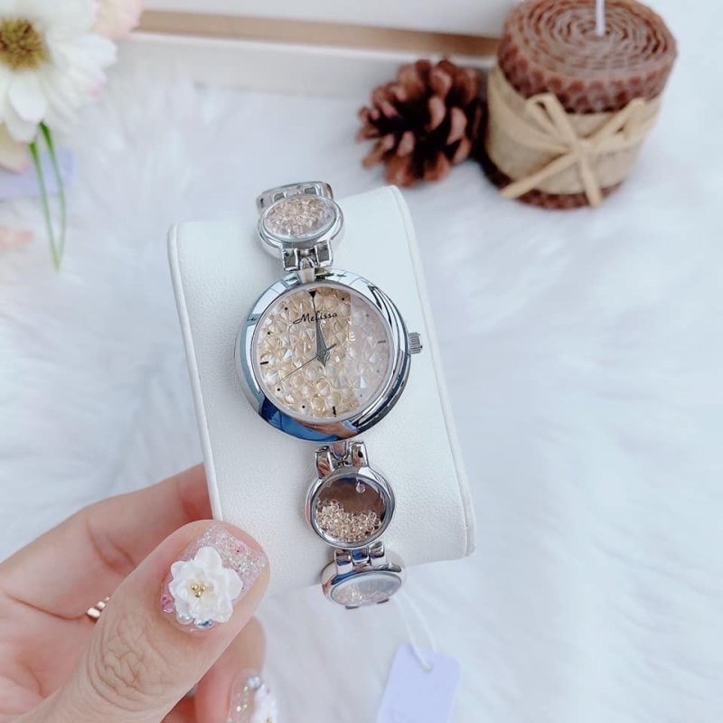 Đồng Hồ Melissa Mặt Tròn |Nữ Giới |Silver |Lắc Tay Đính Đá Rơi Màu Rose |Máy Pin (Quartz) |Size 28mm |donghogiatot.vn