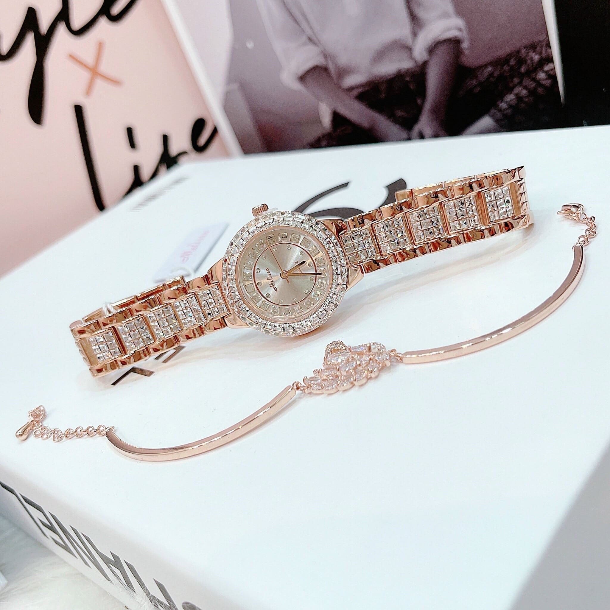 Đồng Hồ Melissa Mặt Trắng |Nữ Giới |Rose Gold |Dây Kim Loại Đính Đá |Máy Pin (Quartz) |Size 34mm |donghogiatot.vn