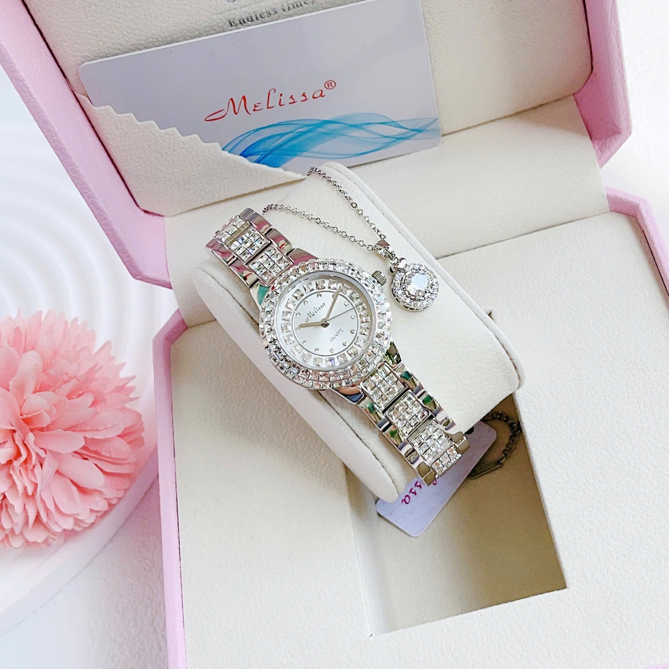 Đồng Hồ Melissa Mặt Trắng |Nữ Giới |Silver |Dây Kim Loại Đính Đá |Máy Pin (Quartz) |Size 34mm |donghogiatot.vn