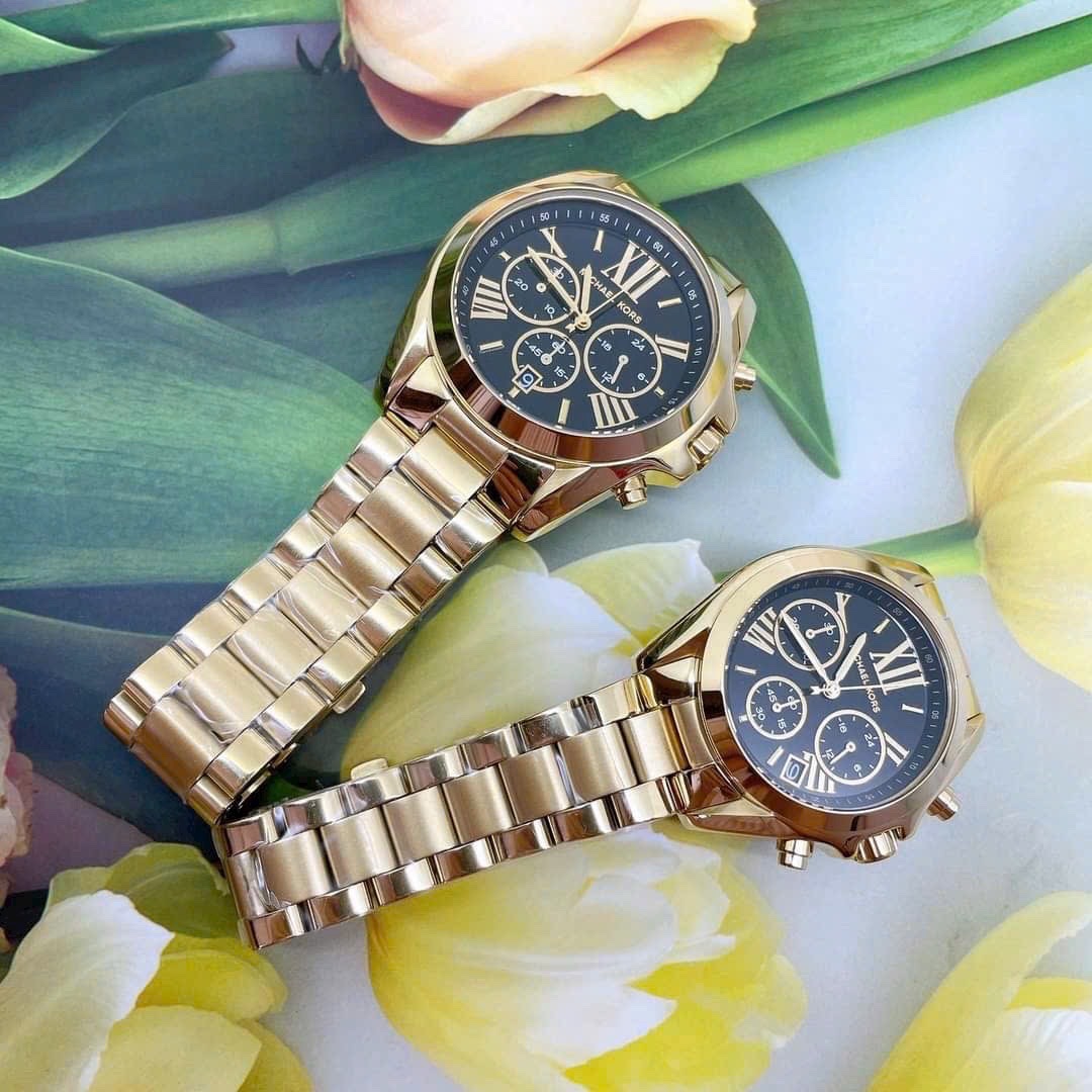 Đồng Hồ Michael Kors Bradshaw |Cặp Đôi |Mặt Đen |Dây Kim Loại Vàng Gold |Máy Pin (Quartz) |Size 42x36mm |donghogiatot.vn