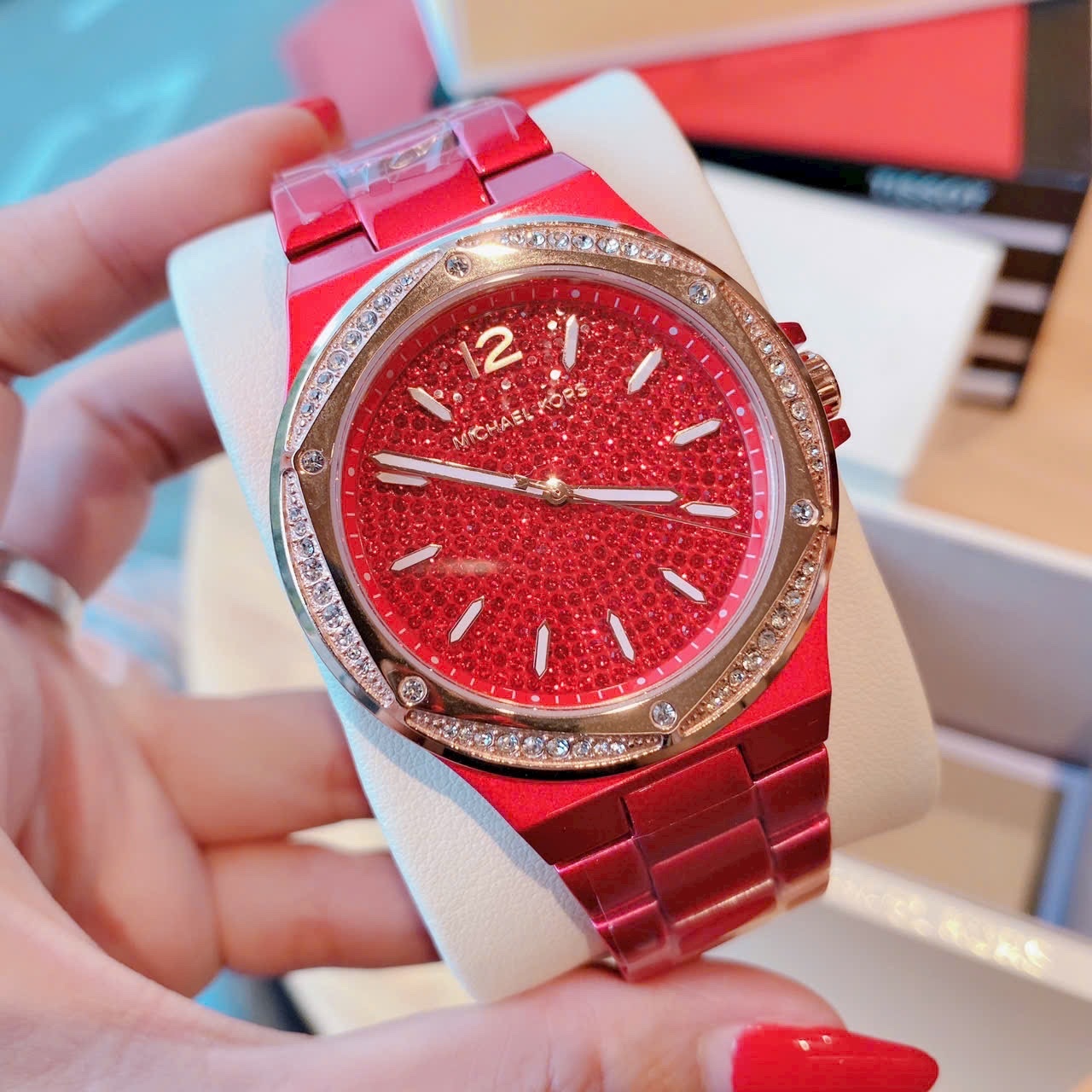 Đồng Hồ Michael Kors Lennox |Unisex |Full Đá |Dây Kim Loại Đỏ |Máy Pin (Quartz) |Size 43mm |donghogiatot.vn