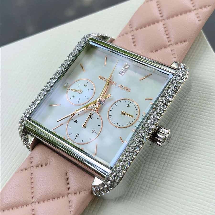 Đồng Hồ Michael Kors Mặt Vuông Đính Đá |Nữ Giới |Chronograph |Dây Da Hồng |Máy Pin (Quartz) |Size 32x32mm |donghogiatot.vn