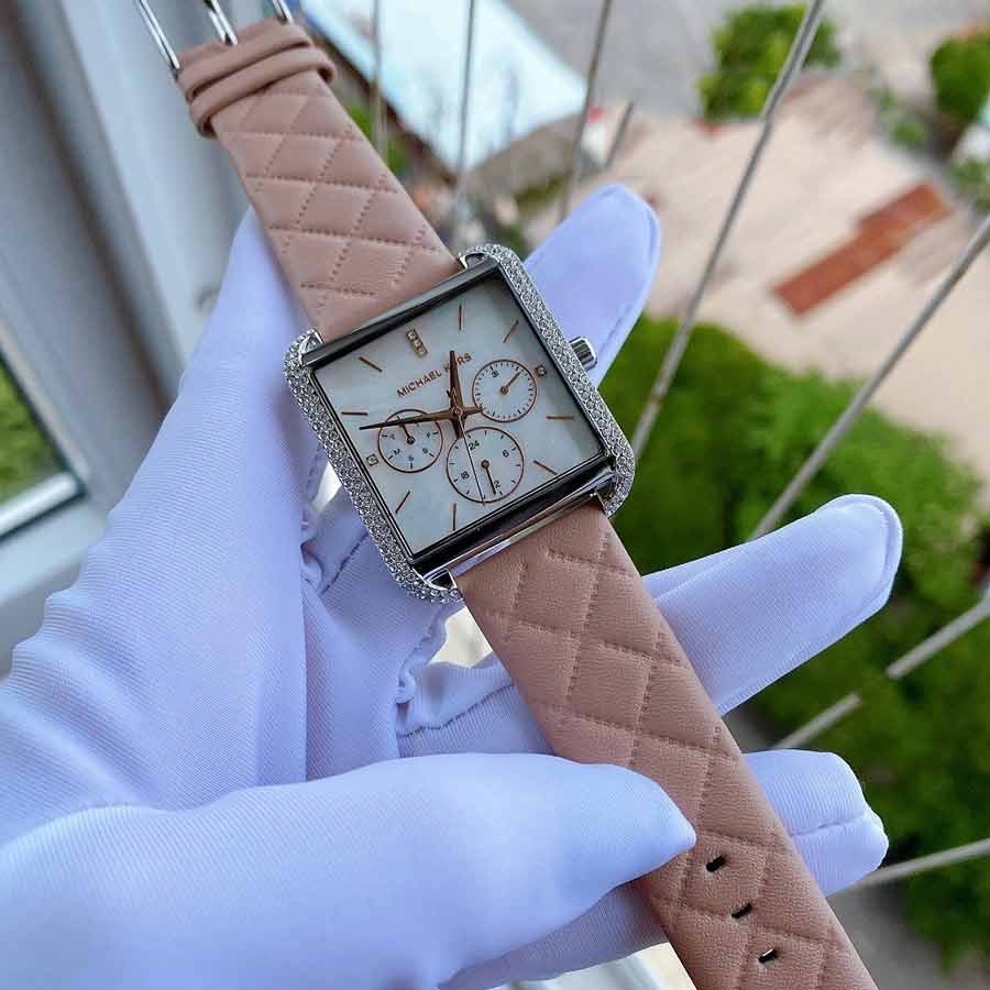 Đồng Hồ Michael Kors Mặt Vuông Đính Đá |Nữ Giới |Chronograph |Dây Da Hồng |Máy Pin (Quartz) |Size 32x32mm |donghogiatot.vn