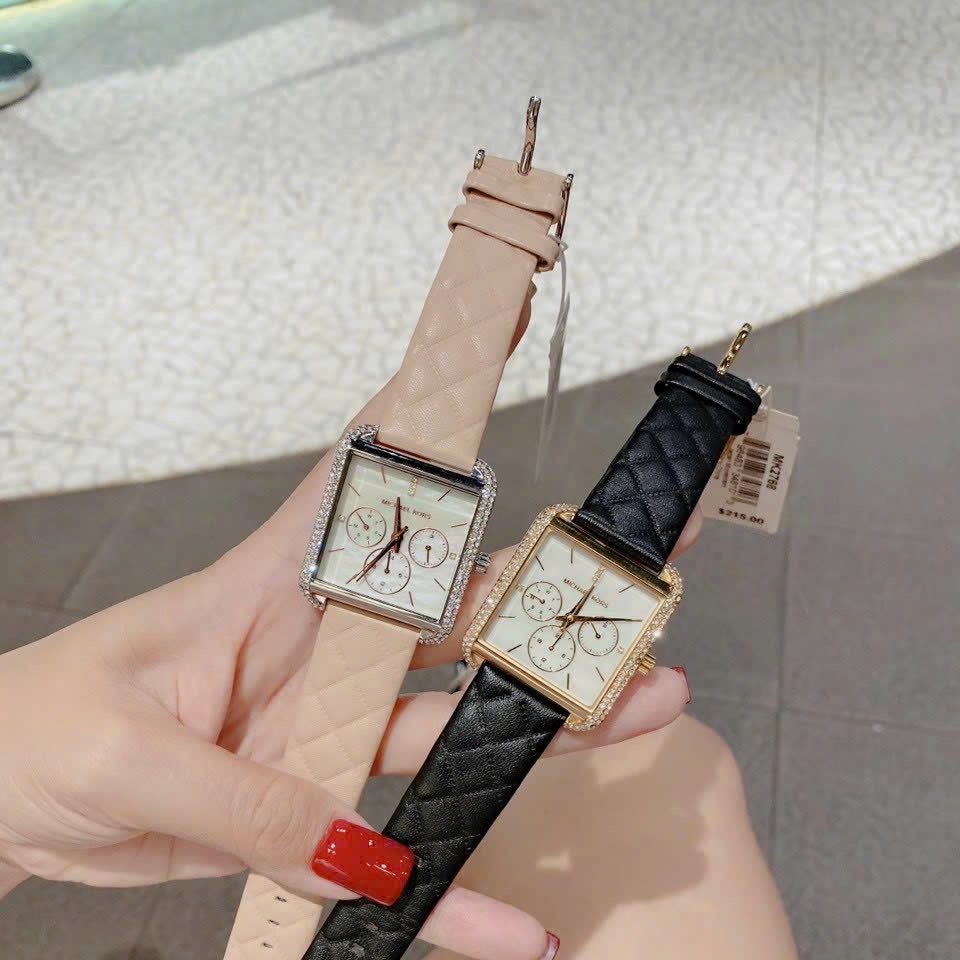 Đồng Hồ Michael Kors Mặt Vuông Đính Đá |Nữ Giới |Chronograph |Dây Da Hồng |Máy Pin (Quartz) |Size 32x32mm |donghogiatot.vn