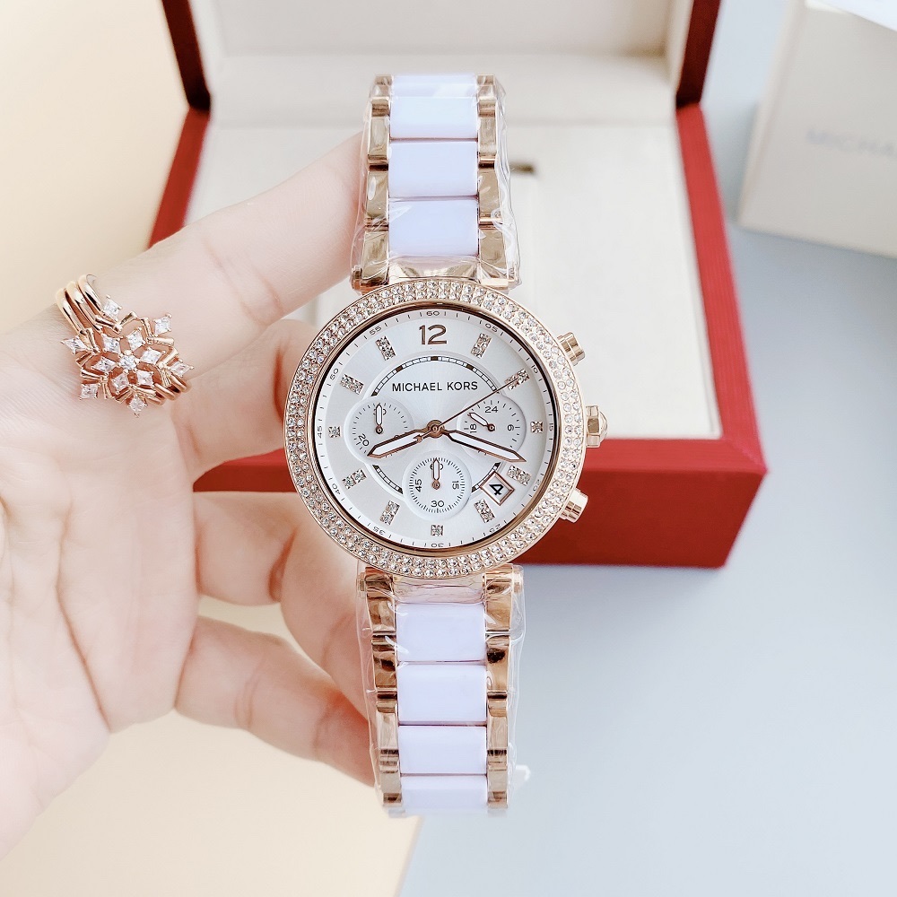 Đồng Hồ Michael Kors Parker |Nữ Giới |Rose Gold |Dây Kim Loại Mix Acetate Trắng |Máy Pin (Quartz) |Size 39mm |donghogiatot.vn