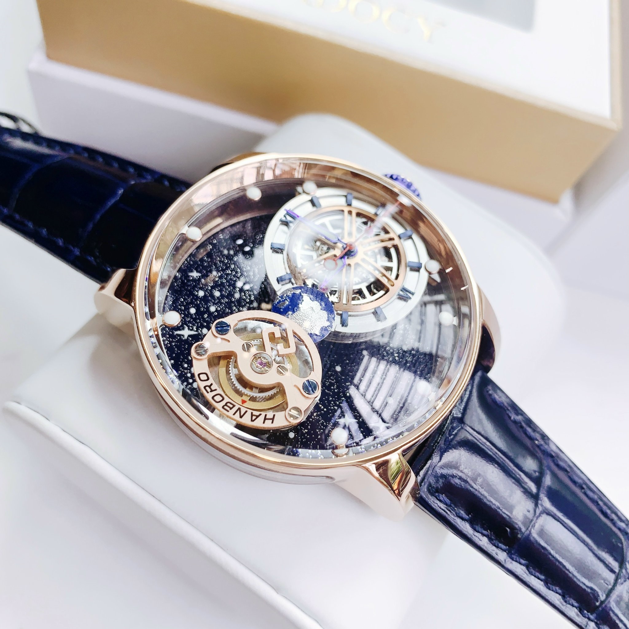 Đồng Hồ Hanboro Mặt Dải Thiên Hà |Rose Gold |Nam Giới |Dây Da |Máy Lộ Cơ (Automatic) |Size 45mm |Donghogiatot.vn