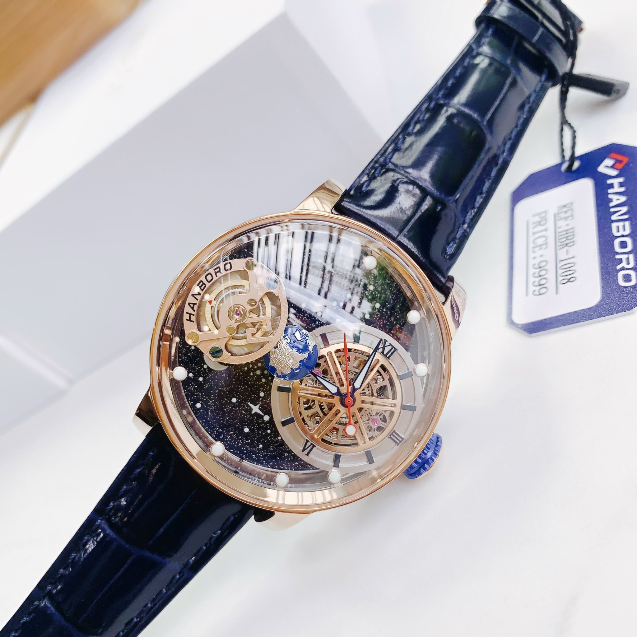 Đồng Hồ Hanboro Mặt Dải Thiên Hà |Rose Gold |Nam Giới |Dây Da |Máy Lộ Cơ (Automatic) |Size 45mm |Donghogiatot.vn