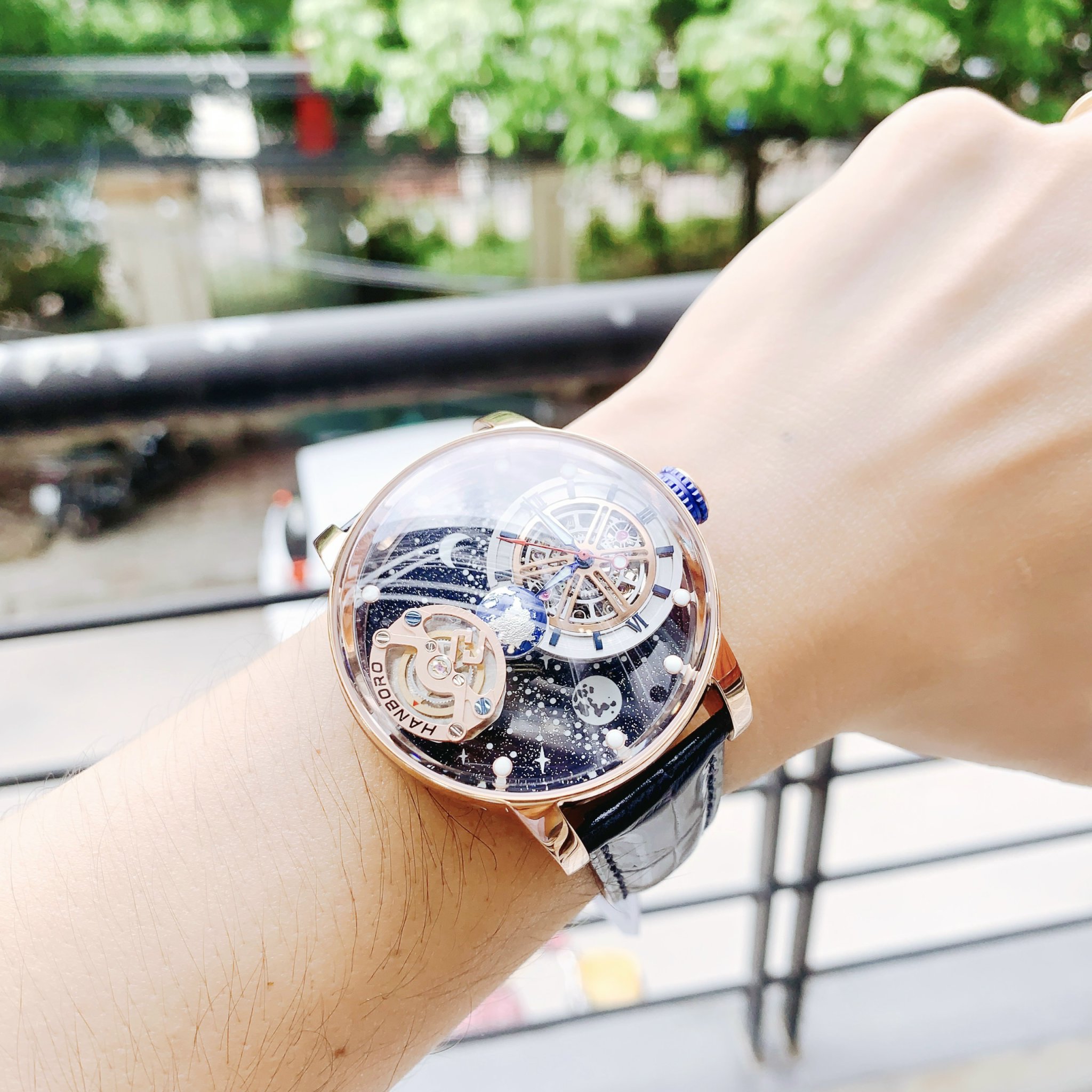 Đồng Hồ Hanboro Mặt Dải Thiên Hà |Rose Gold |Nam Giới |Dây Da |Máy Lộ Cơ (Automatic) |Size 45mm |Donghogiatot.vn