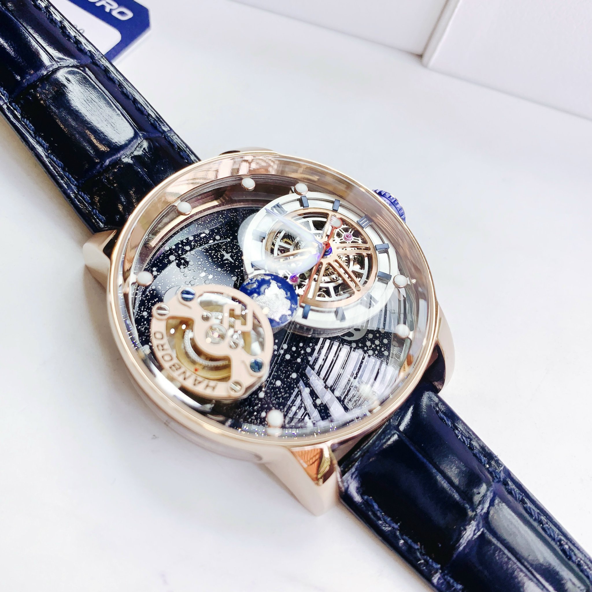 Đồng Hồ Hanboro Mặt Dải Thiên Hà |Rose Gold |Nam Giới |Dây Da |Máy Lộ Cơ (Automatic) |Size 45mm |Donghogiatot.vn