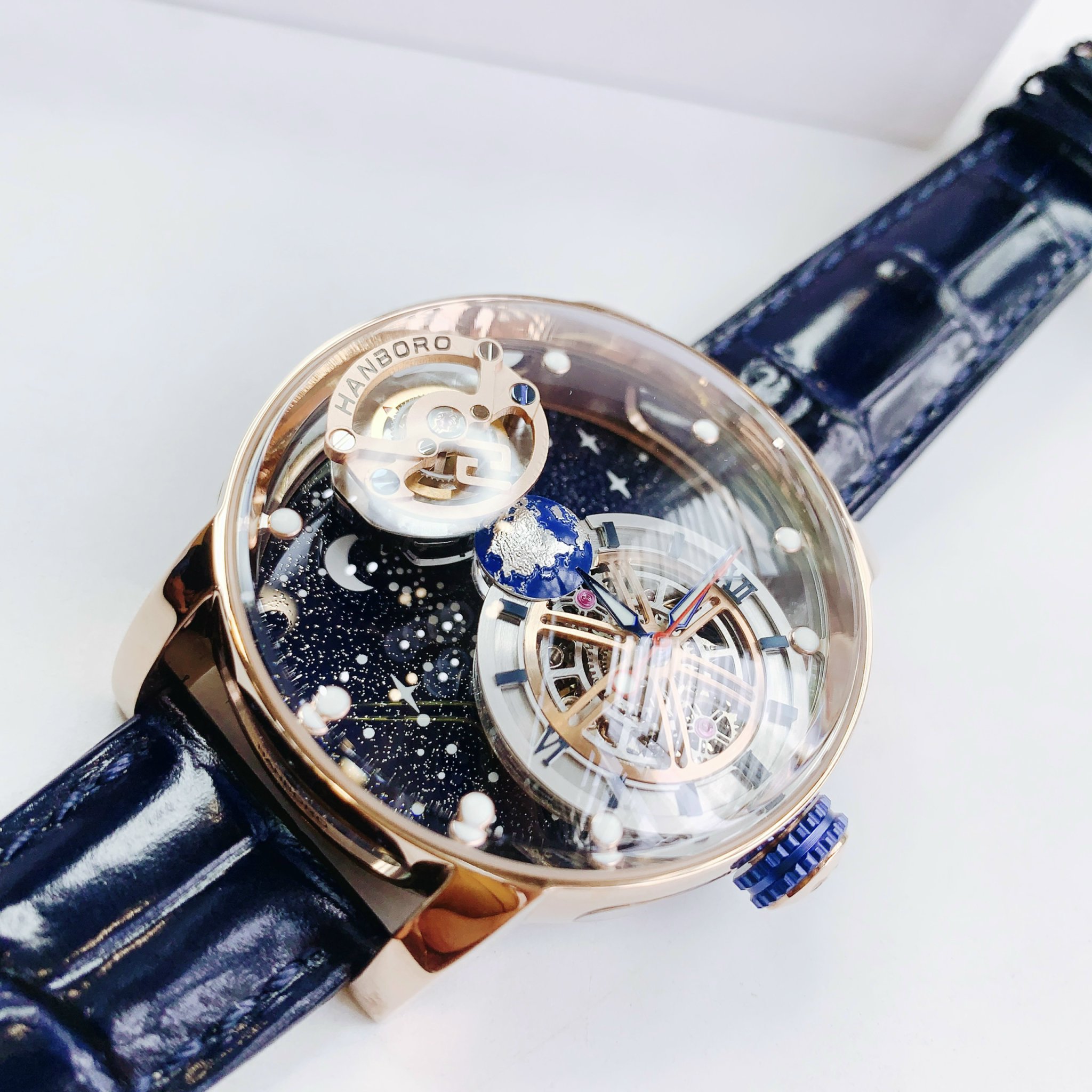 Đồng Hồ Hanboro Mặt Dải Thiên Hà |Rose Gold |Nam Giới |Dây Da |Máy Lộ Cơ (Automatic) |Size 45mm |Donghogiatot.vn