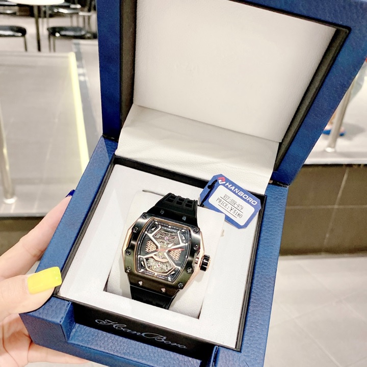 Đồng Hồ Hanboro Hở 2 Van Tim |Nam Giới |Mặt Oval |Full Đen |Máy Cơ (Automatic) |Size Lớn 43x50mm |Donghogiatot.vn