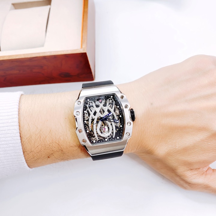 Đồng Hồ Hanboro Mặt Nhện |Nam Giới |Mặt Oval Silver |Dây Cao Su |Máy Cơ (Tự Động) |Size 40x50mm |Donghogiatot.vn