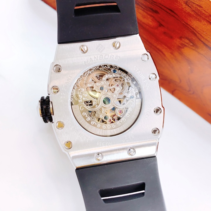 Đồng Hồ Hanboro Mặt Nhện |Nam Giới |Mặt Oval Silver |Dây Cao Su |Máy Cơ (Tự Động) |Size 40x50mm |Donghogiatot.vn
