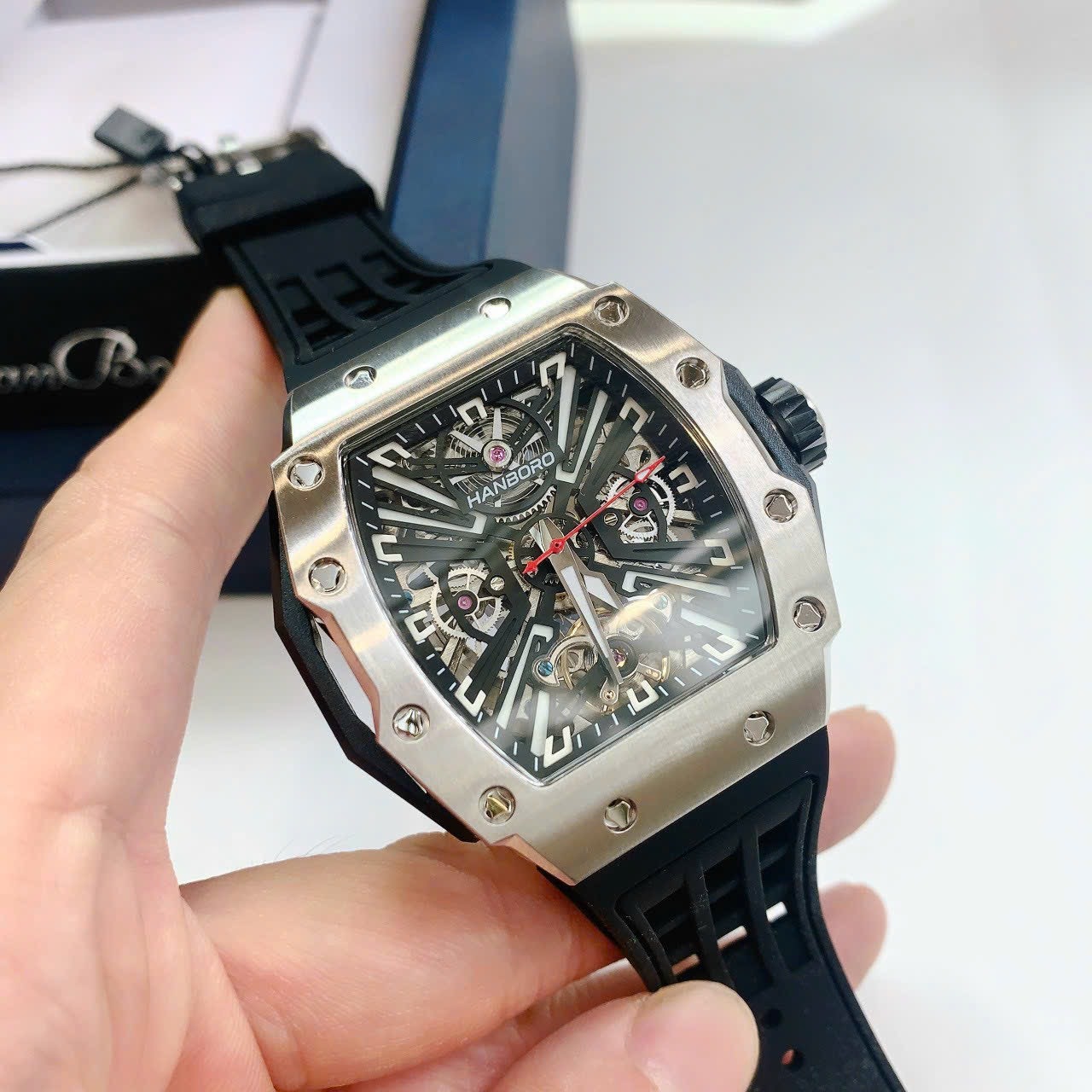 Đồng Hồ Hanboro Mặt Oval X |Silver |Nam Giới |Dây Cao Su |Máy Hở Tim (Automatic) |Size 43x50mm |Donghogioatot.vn